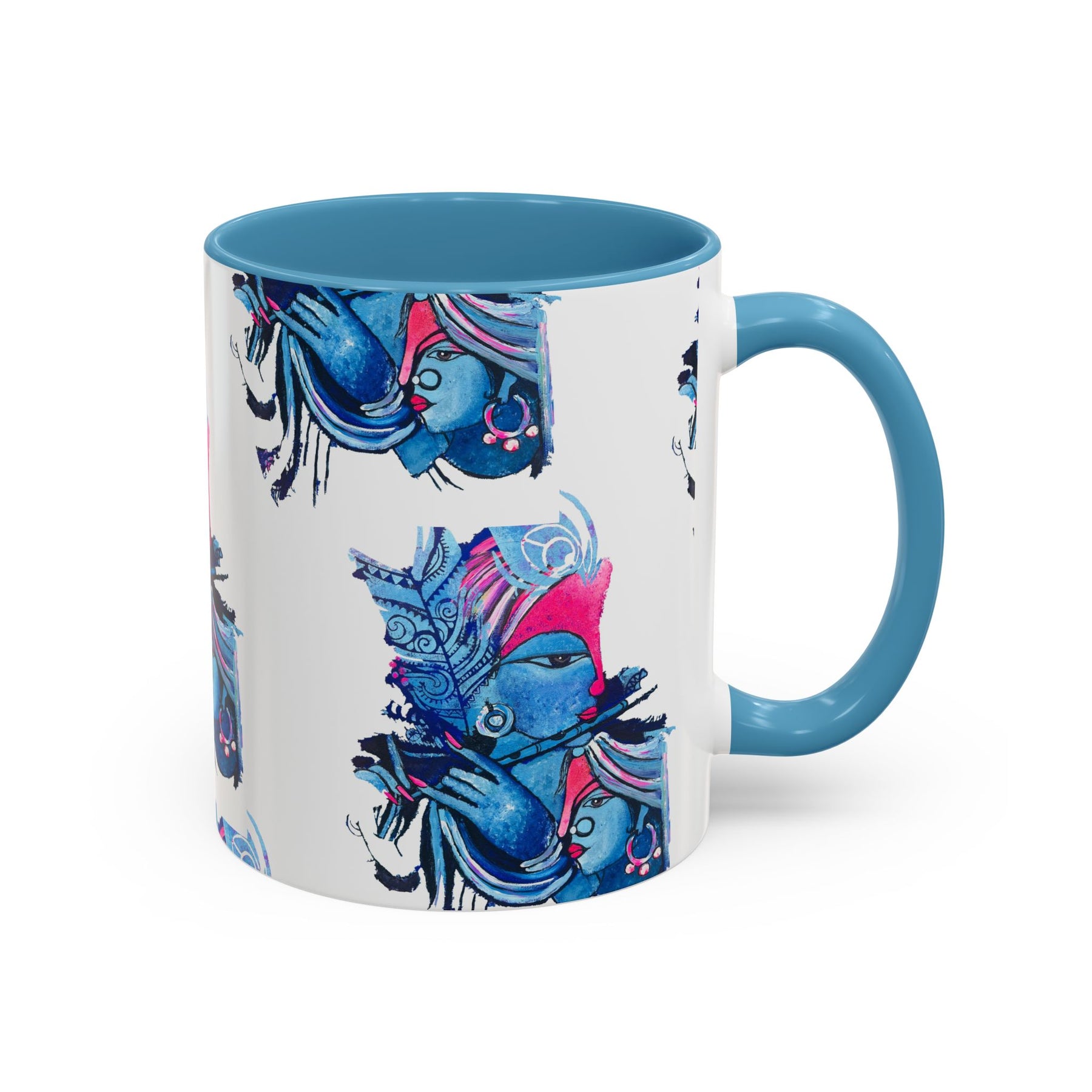 Vibrant Blue Ceramic Coffee Mug with Artistic Hindu Design, 11oz & 15oz - Ira World Art LLC