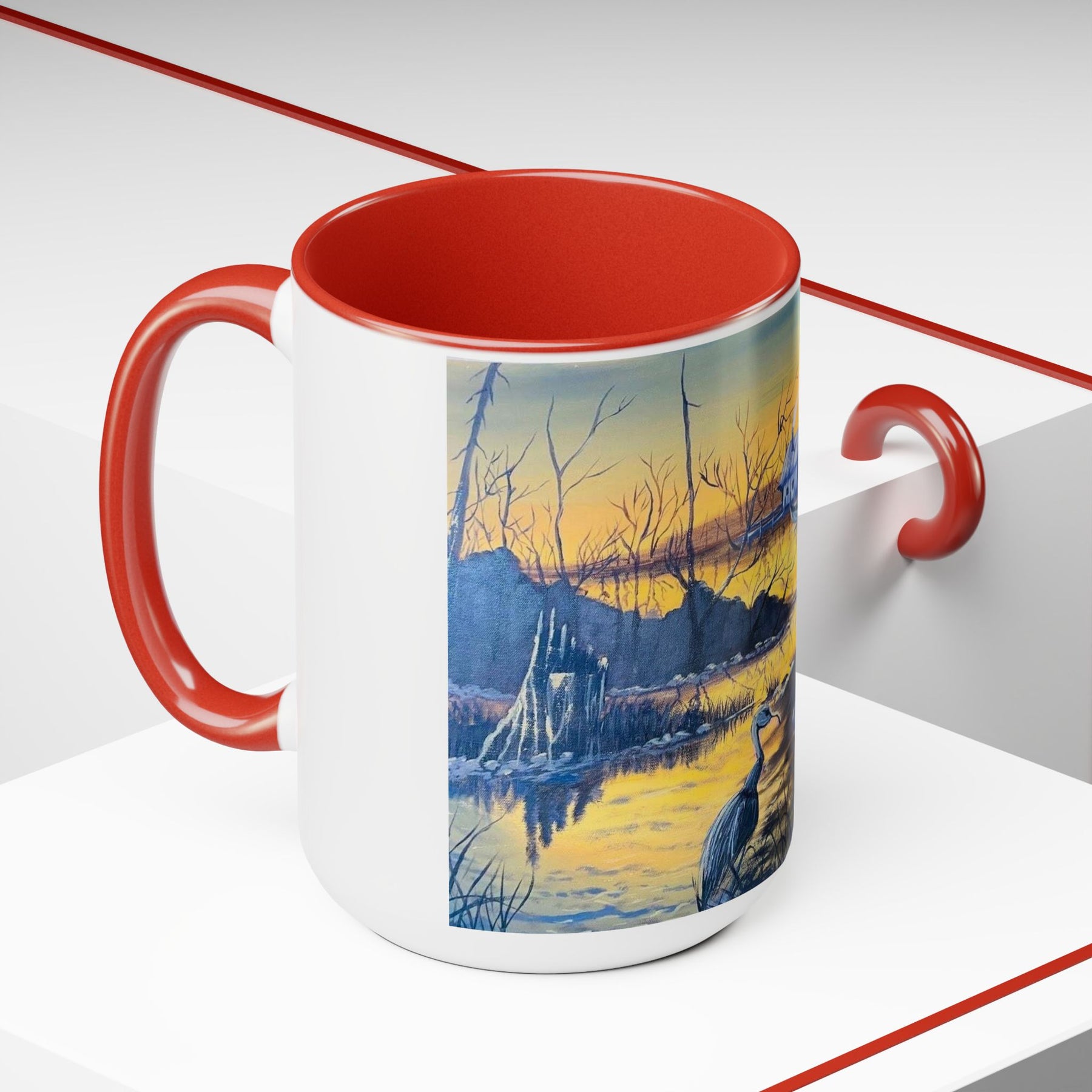 Unique 15oz Ceramic Coffee Mug with Two-Tone Colorful Design, Artistic Yoga Mug - Ira World Art LLC