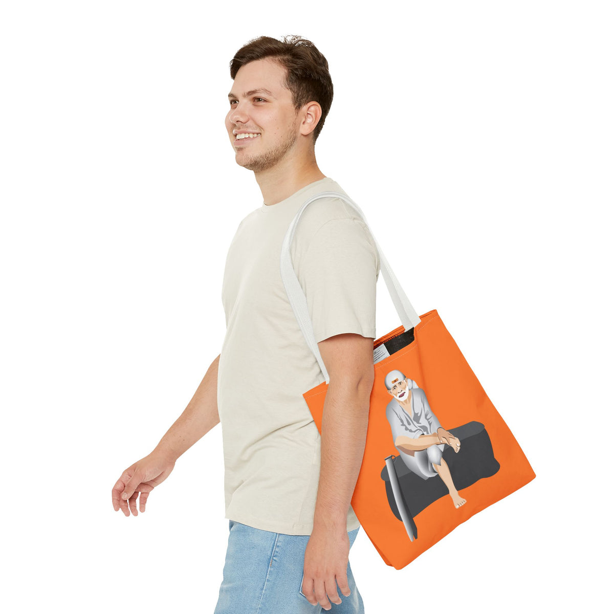 Sai Baba Tote Bag, Religious Shopper Bag, Guru Printed Carryall, Spiritual Shoulder Tote, Holy Canvas Handbag, Indian Deity Market Tote, - Ira World Art LLC