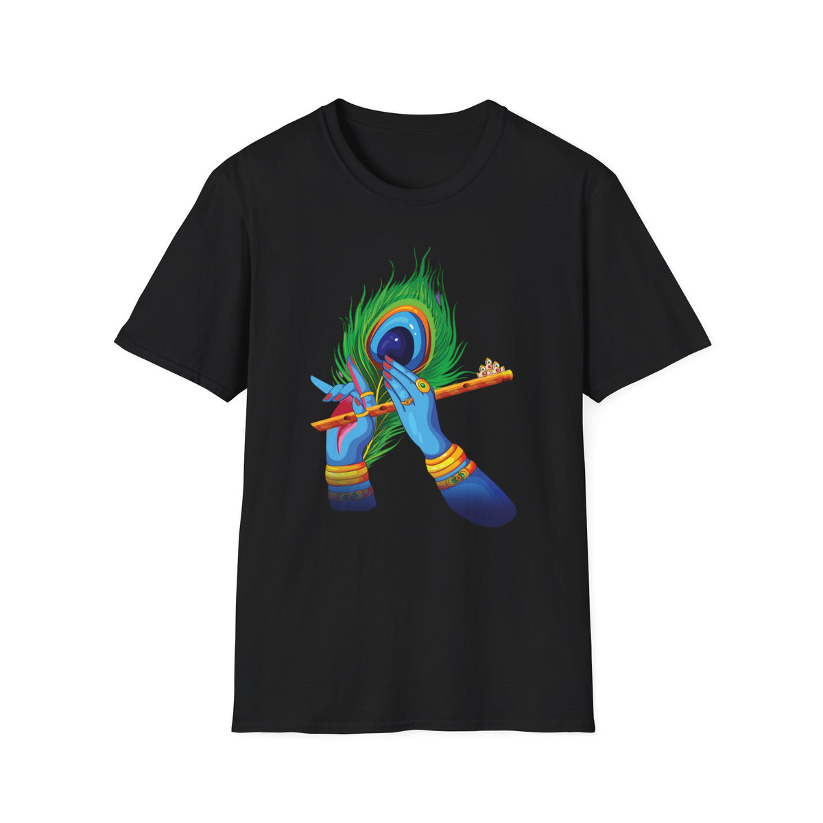 Krishan Hand with Flute and Feather Unisex Softstyle T-Shirt, Indian God Shirt, Spiritual Tee, Boho Clothing, Yoga Apparel - Ira World Art LLC