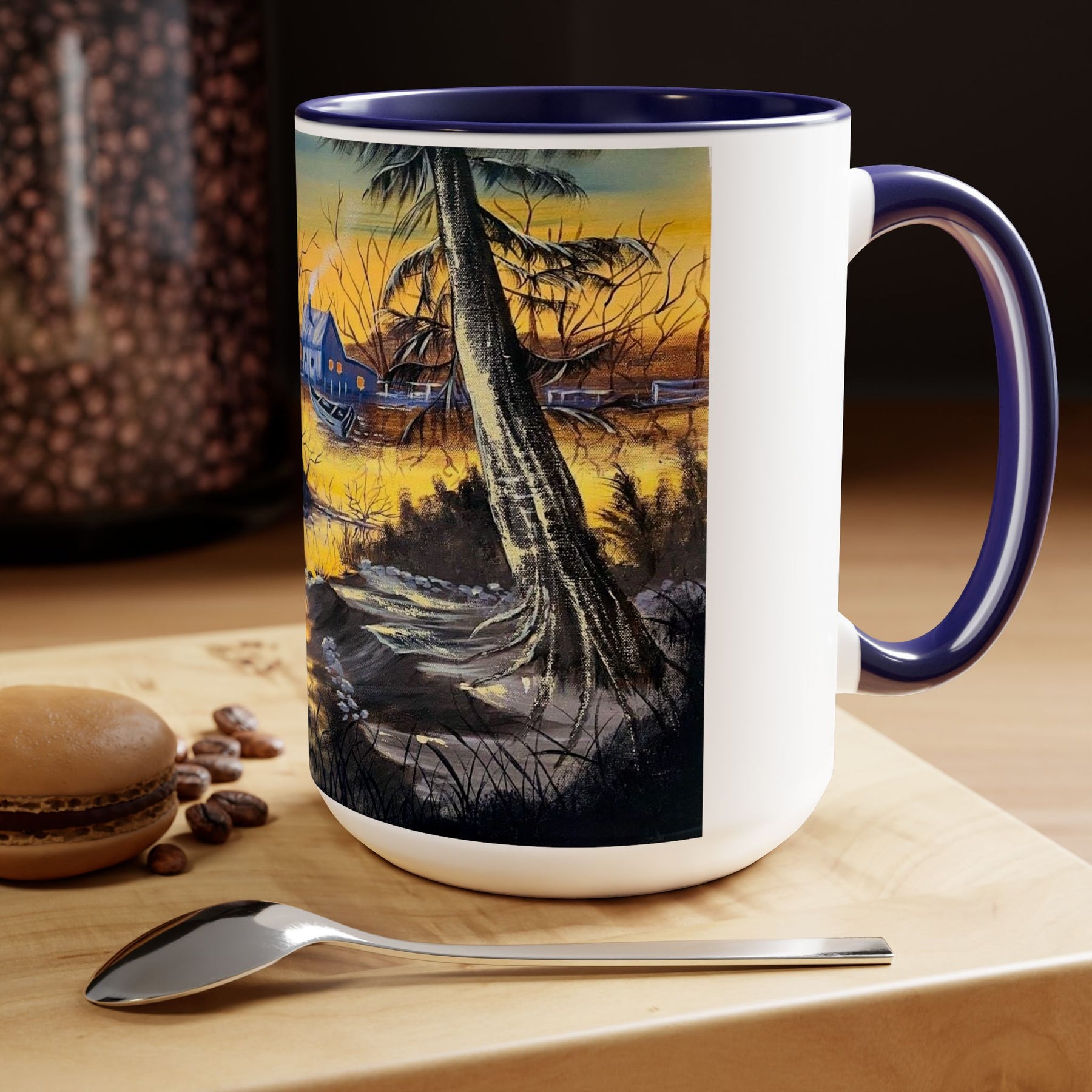 Unique 15oz Ceramic Coffee Mug with Two-Tone Colorful Design, Artistic Yoga Mug - Ira World Art LLC