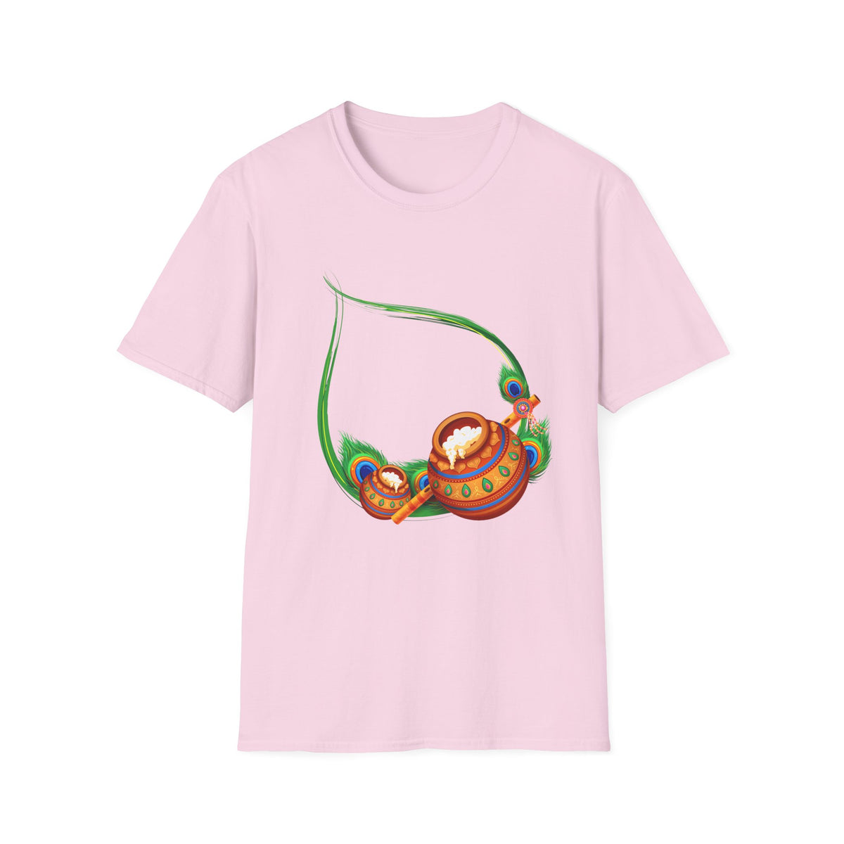 Krishna Flute and Pot Unisex Softstyle T-Shirt - Peacock Feather Design, Men's Women's Tee, Indian God Art Clothing, Yoga Apparel, Ethnic - Ira World Art LLC