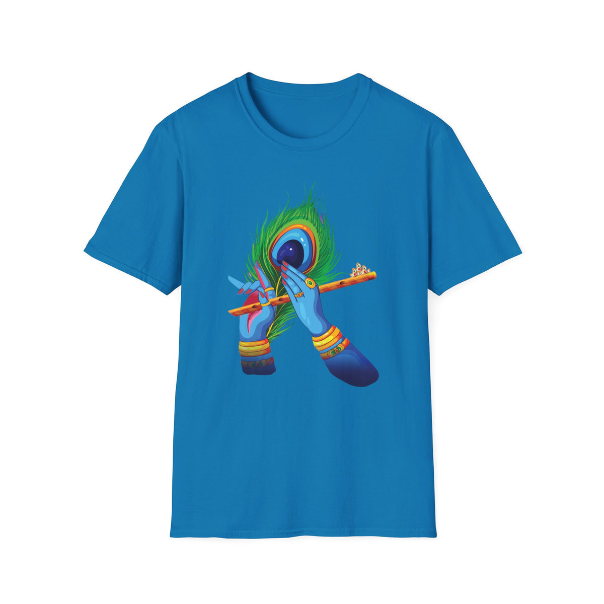 Krishan Hand with Flute and Feather Unisex Softstyle T-Shirt, Indian God Shirt, Spiritual Tee, Boho Clothing, Yoga Apparel - Ira World Art LLC