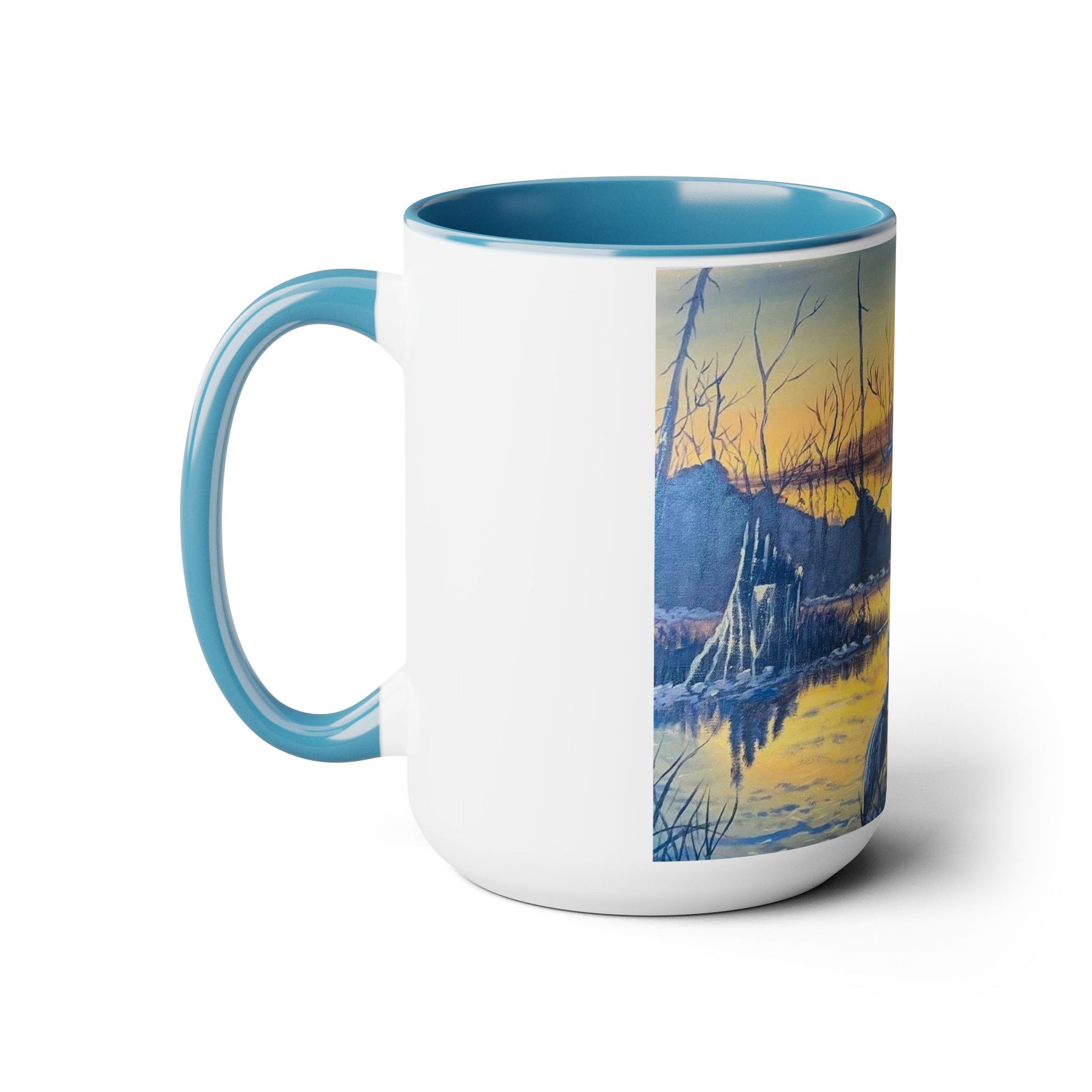 Unique 15oz Ceramic Coffee Mug with Two-Tone Colorful Design, Artistic Yoga Mug - Ira World Art LLC