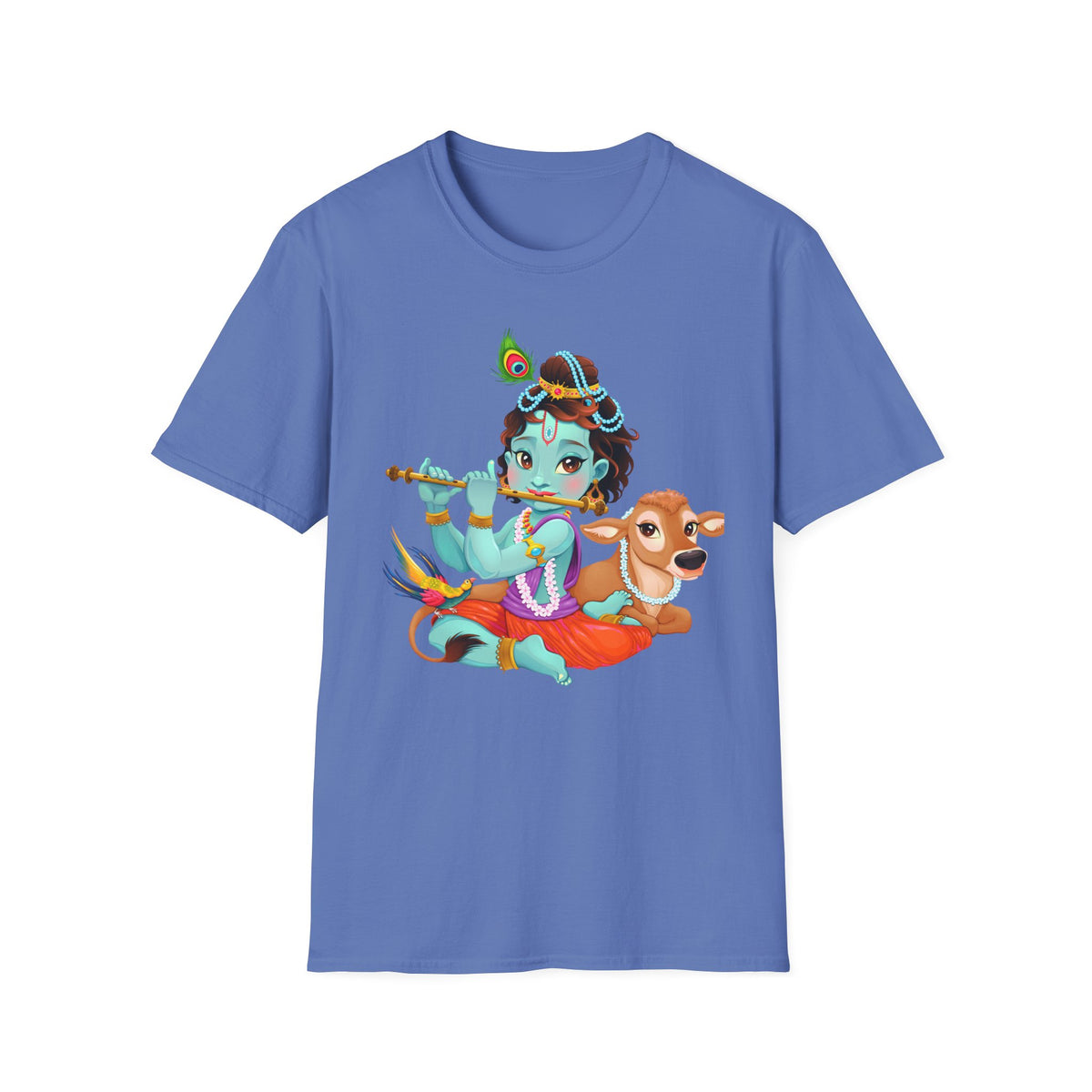 Krishna with Cow Unisex Softstyle T-Shirt, Hindu God Tee, Spiritual Apparel, Religious Graphic Shirt, Indian Mythology Top - Ira World Art LLC