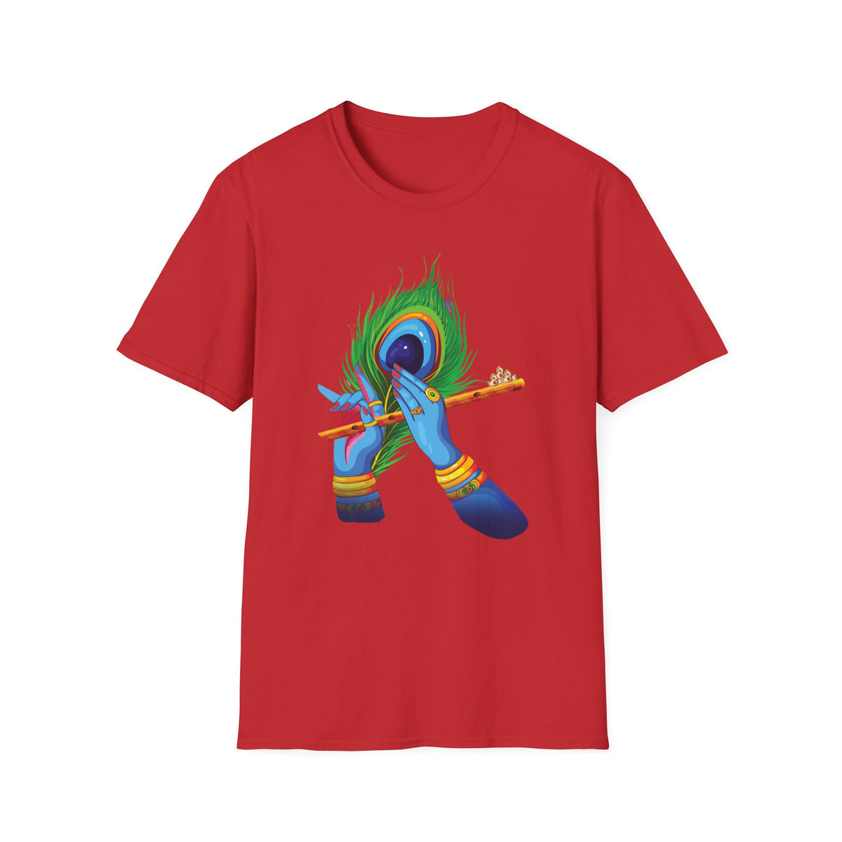 Krishan Hand with Flute and Feather Unisex Softstyle T-Shirt, Indian God Shirt, Spiritual Tee, Boho Clothing, Yoga Apparel - Ira World Art LLC
