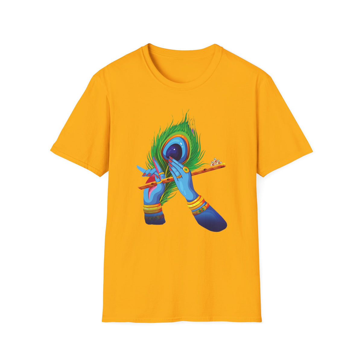 Krishan Hand with Flute and Feather Unisex Softstyle T-Shirt, Indian God Shirt, Spiritual Tee, Boho Clothing, Yoga Apparel - Ira World Art LLC