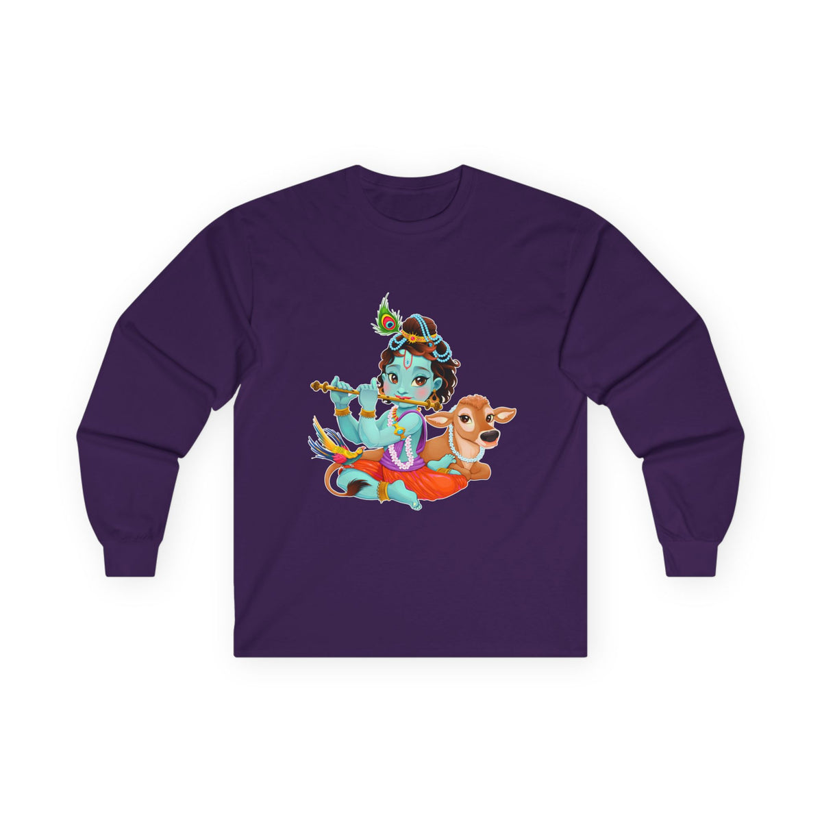 Krishna with Cow Full Sleeves Tshirt, Unisex Cotton Shirt, Long Sleeve Tee, Religious Gift, Hindu Deity Top, Cow Lover Apparel - Ira World Art LLC