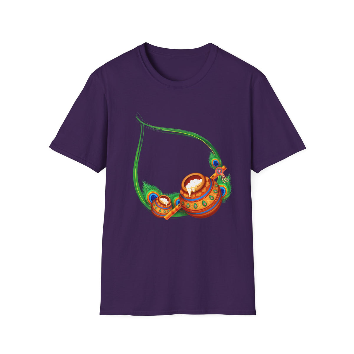 Krishna Flute and Pot Unisex Softstyle T-Shirt - Peacock Feather Design, Men's Women's Tee, Indian God Art Clothing, Yoga Apparel, Ethnic - Ira World Art LLC
