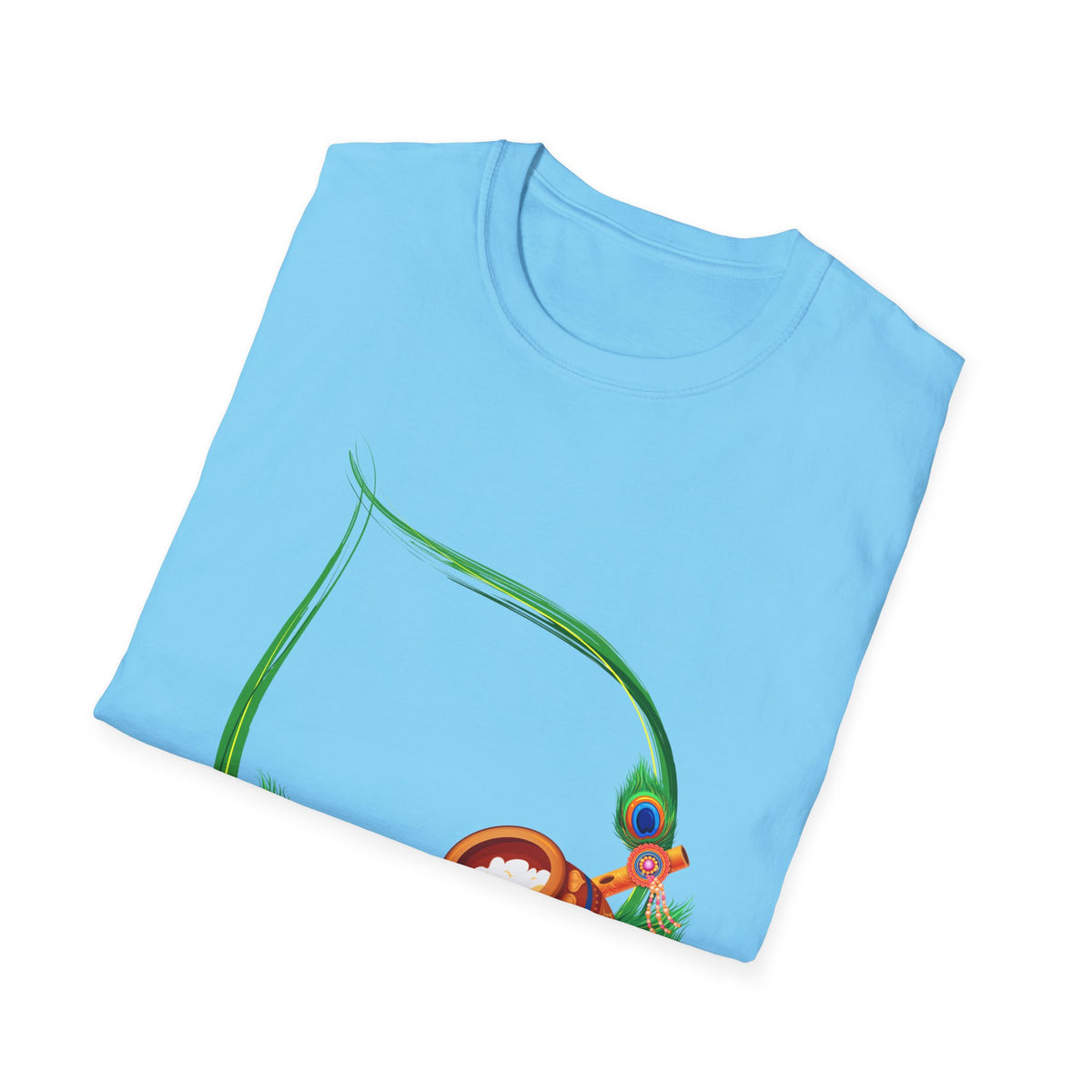Krishna Flute and Pot Unisex Softstyle T-Shirt - Peacock Feather Design, Men's Women's Tee, Indian God Art Clothing, Yoga Apparel, Ethnic - Ira World Art LLC