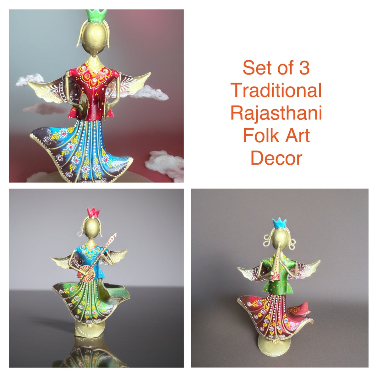 Set of 3 Traditional Rajasthani Folk Art Decor - Ira World Art LLC