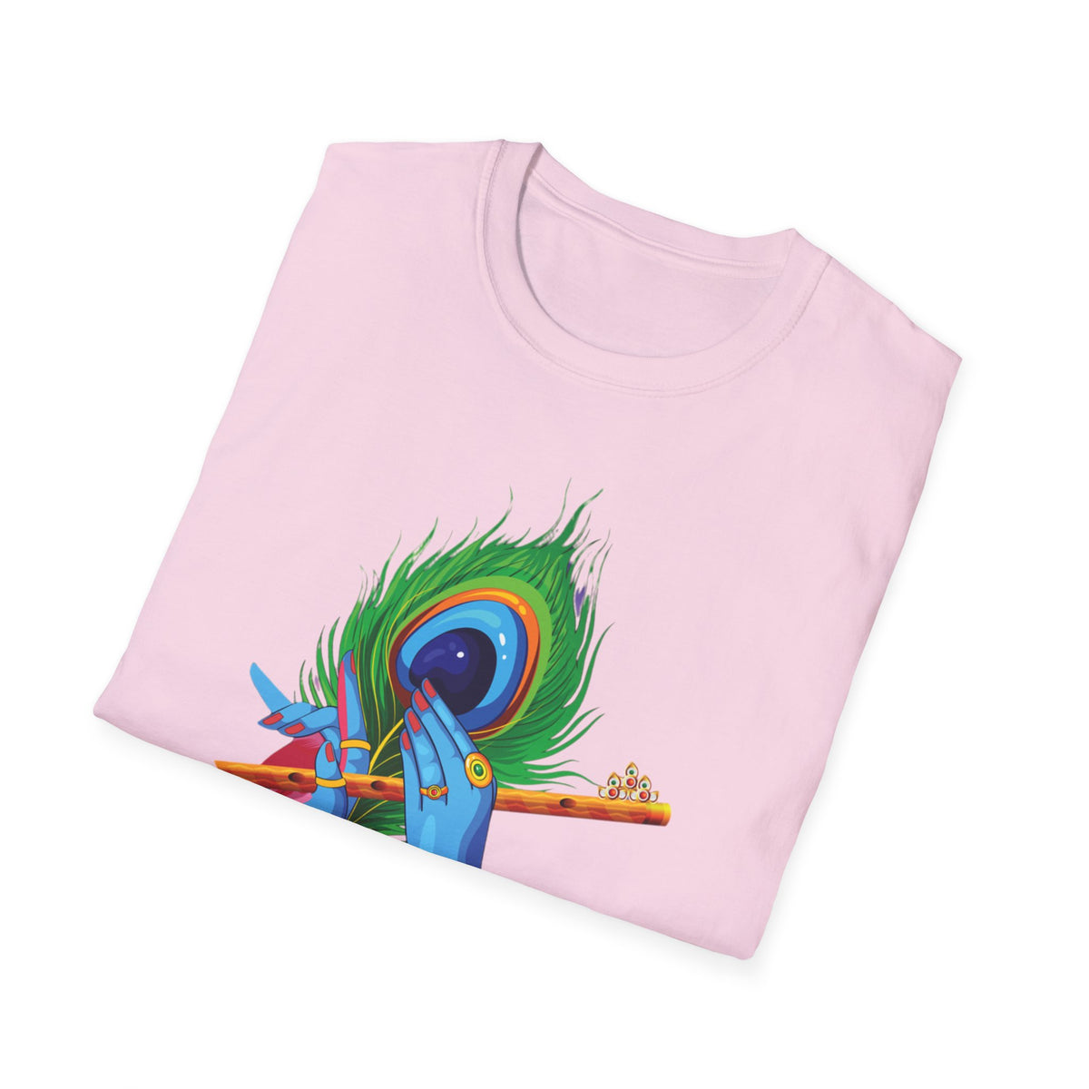 Krishan Hand with Flute and Feather Unisex Softstyle T-Shirt, Indian God Shirt, Spiritual Tee, Boho Clothing, Yoga Apparel - Ira World Art LLC
