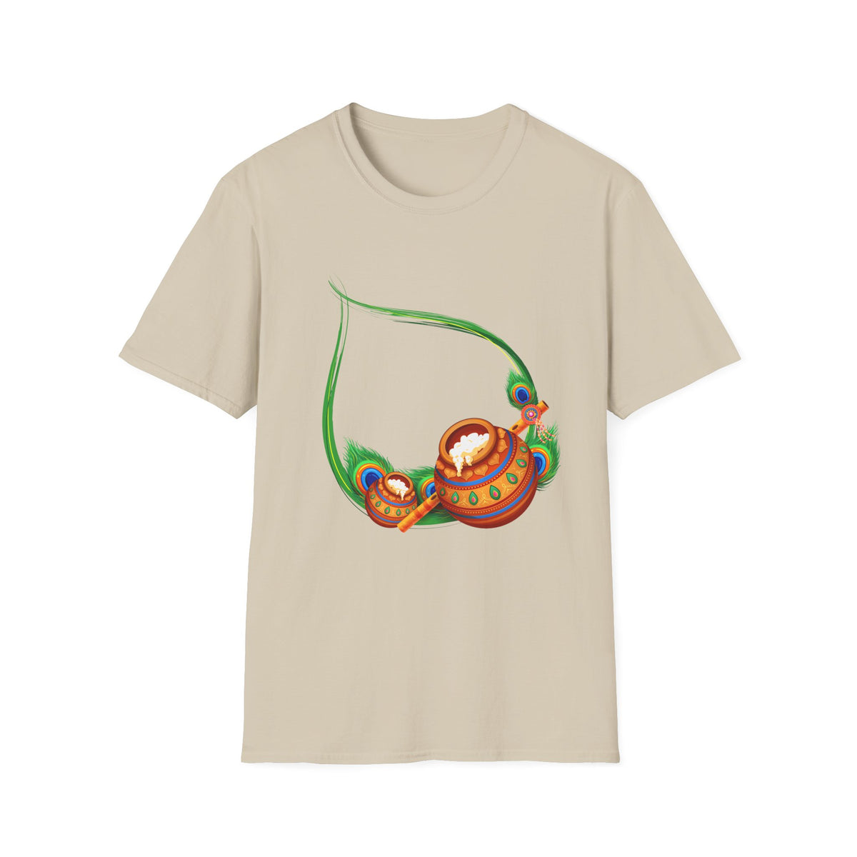 Krishna Flute and Pot Unisex Softstyle T-Shirt - Peacock Feather Design, Men's Women's Tee, Indian God Art Clothing, Yoga Apparel, Ethnic - Ira World Art LLC