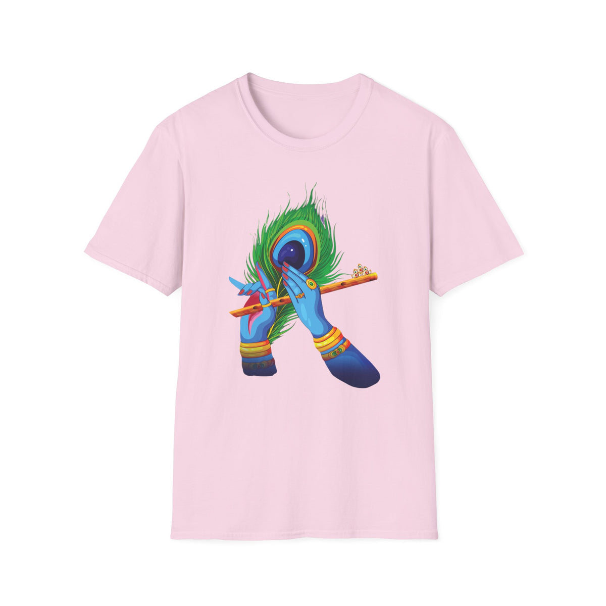 Krishan Hand with Flute and Feather Unisex Softstyle T-Shirt, Indian God Shirt, Spiritual Tee, Boho Clothing, Yoga Apparel - Ira World Art LLC