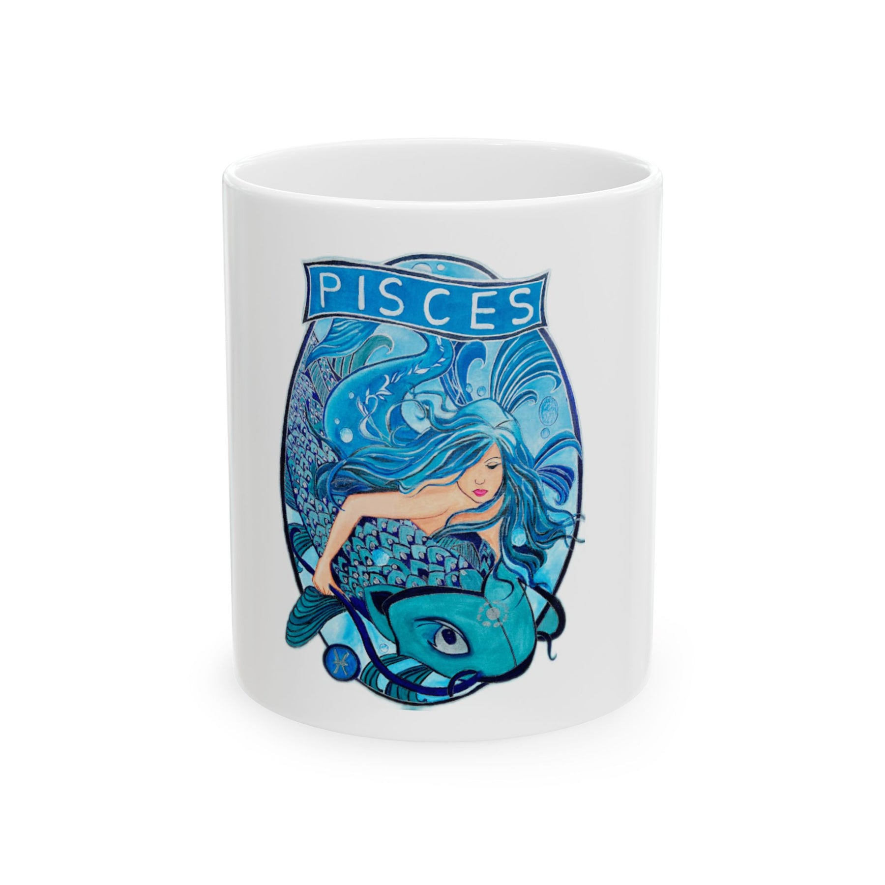 White 11oz Ceramic Zodiac Mug with Colorful Pisces Fish Design, Mermaid Coffee Mug - Ira World Art LLC