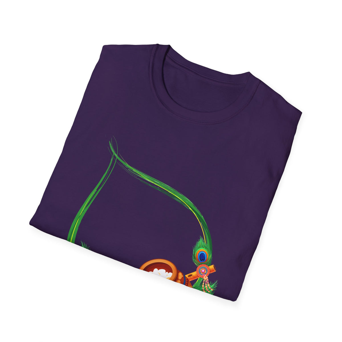 Krishna Flute and Pot Unisex Softstyle T-Shirt - Peacock Feather Design, Men's Women's Tee, Indian God Art Clothing, Yoga Apparel, Ethnic - Ira World Art LLC
