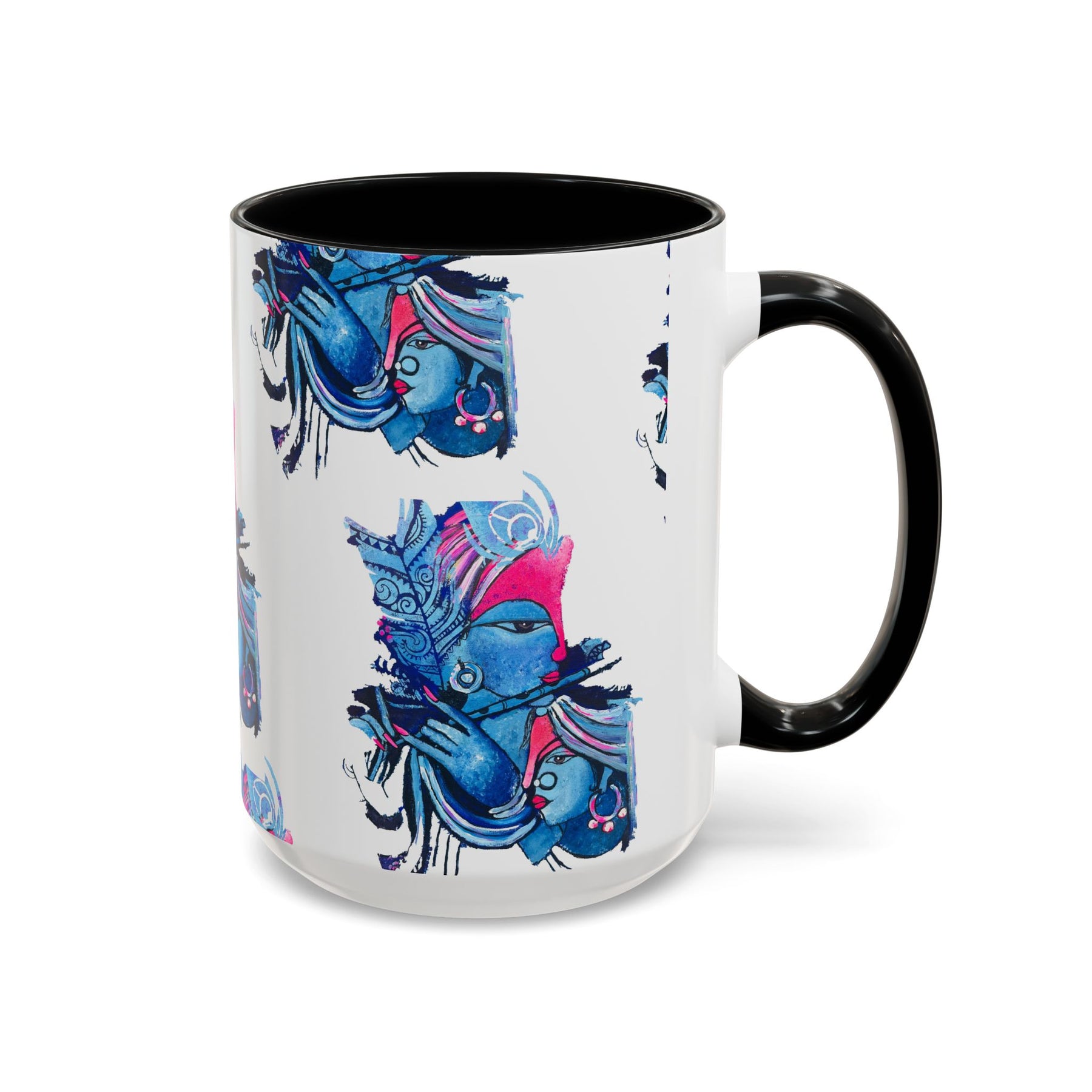 Vibrant Blue Ceramic Coffee Mug with Artistic Hindu Design, 11oz & 15oz - Ira World Art LLC