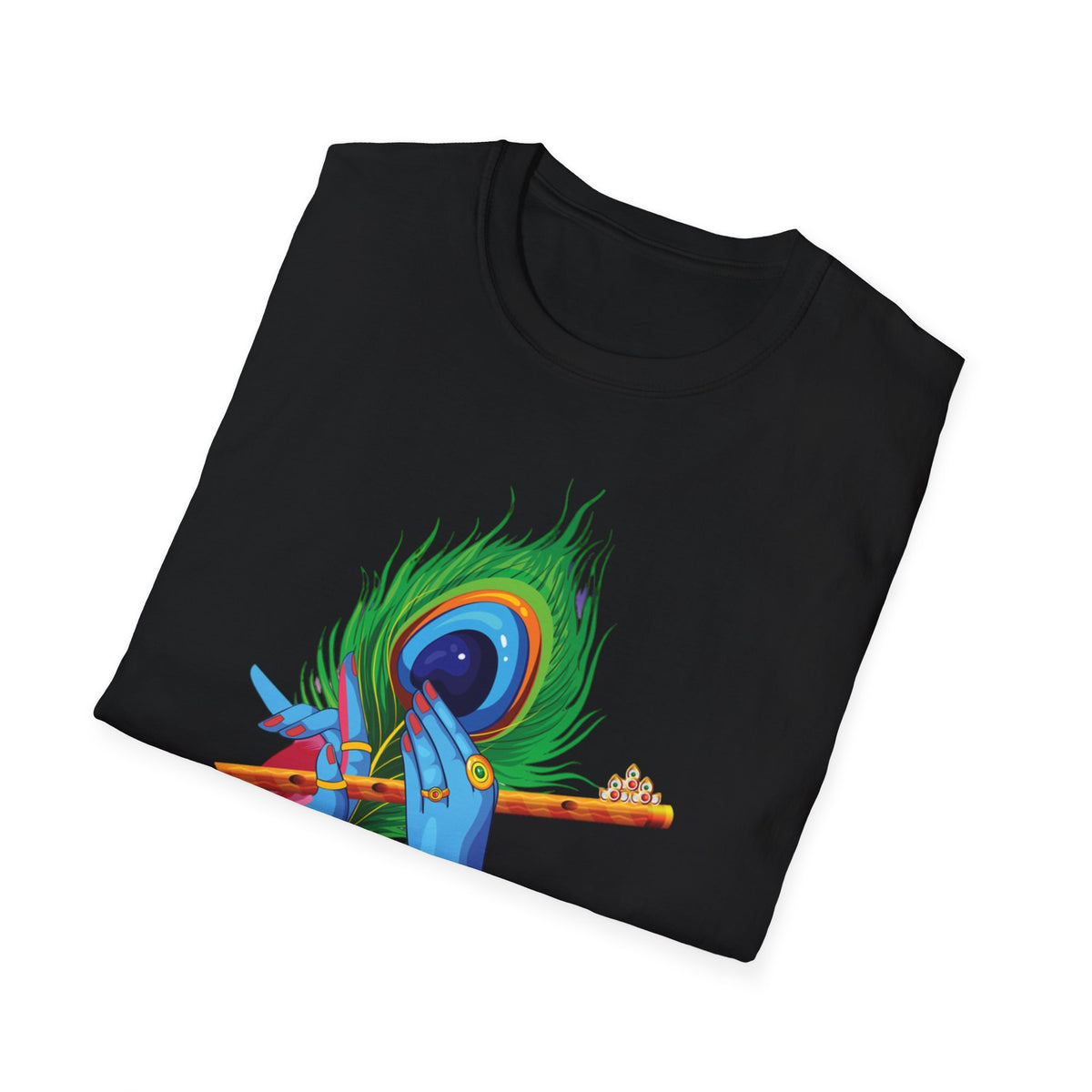 Krishan Hand with Flute and Feather Unisex Softstyle T-Shirt, Indian God Shirt, Spiritual Tee, Boho Clothing, Yoga Apparel - Ira World Art LLC