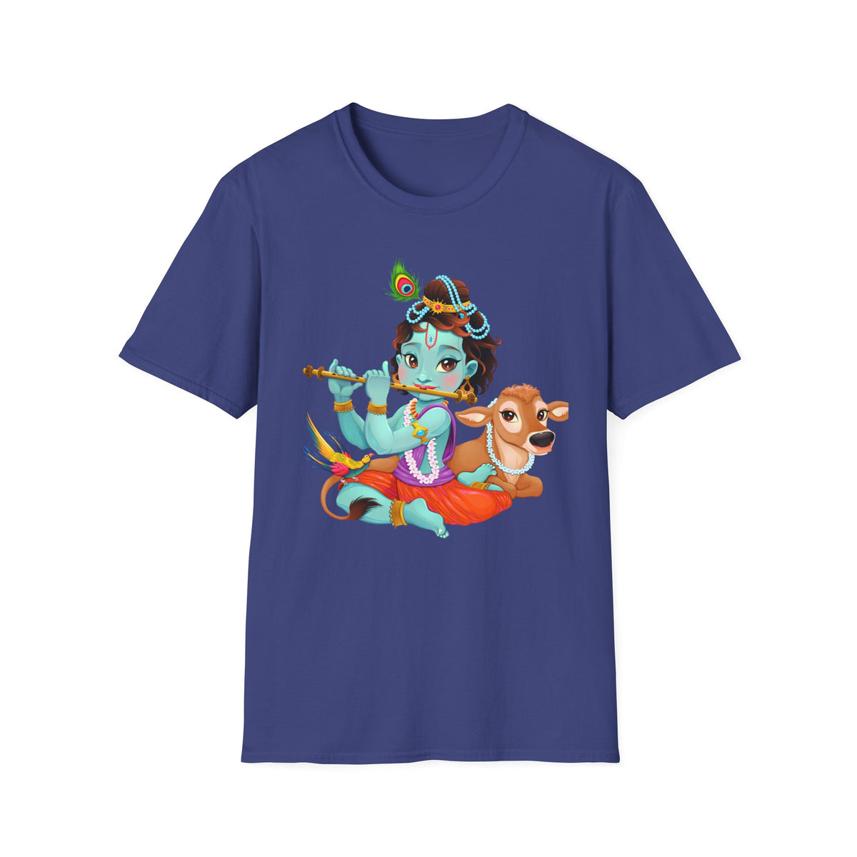 Krishna with Cow Unisex Softstyle T-Shirt, Hindu God Tee, Spiritual Apparel, Religious Graphic Shirt, Indian Mythology Top - Ira World Art LLC