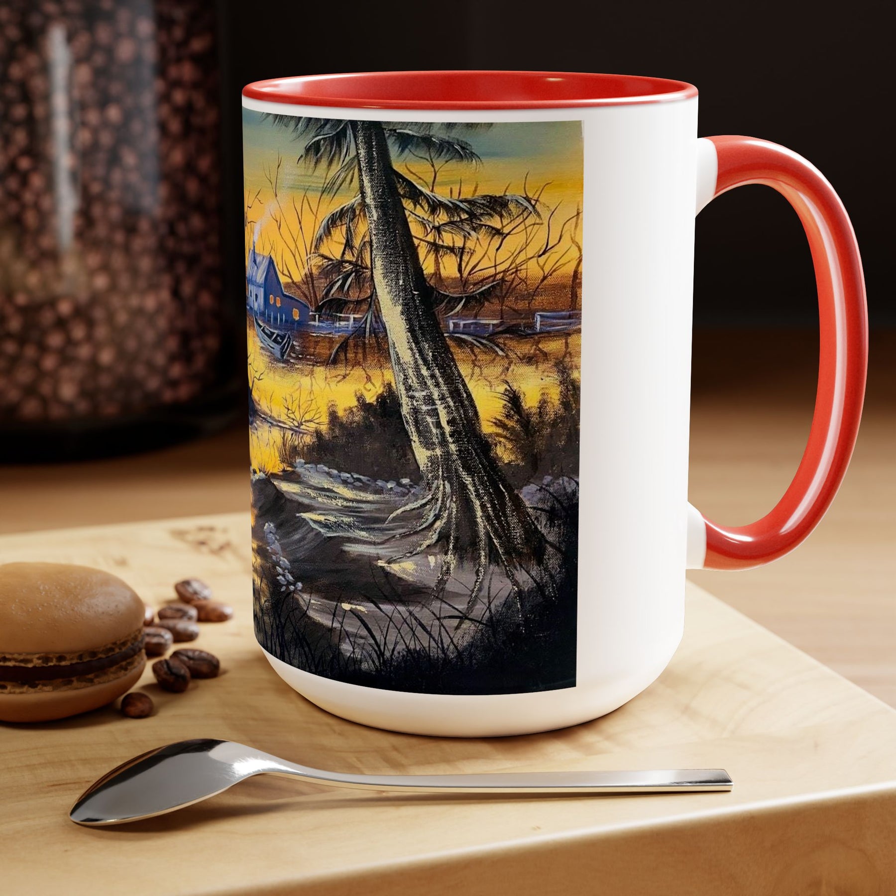 Unique 15oz Ceramic Coffee Mug with Two-Tone Colorful Design, Artistic Yoga Mug - Ira World Art LLC