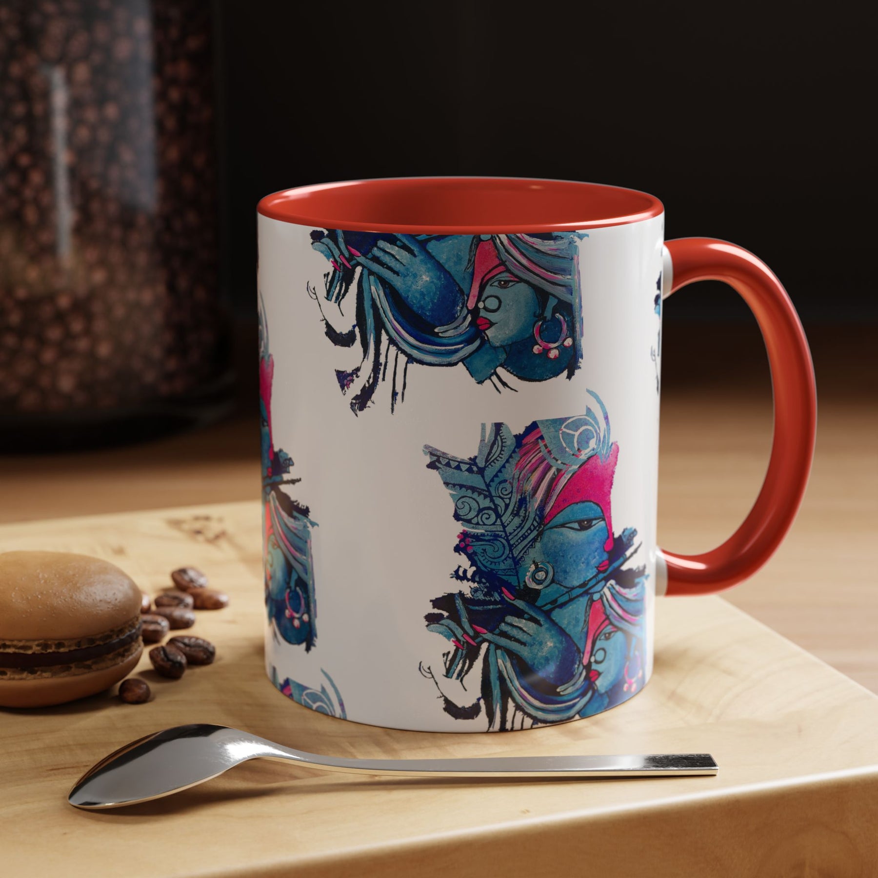 Vibrant Blue Ceramic Coffee Mug with Artistic Hindu Design, 11oz & 15oz - Ira World Art LLC