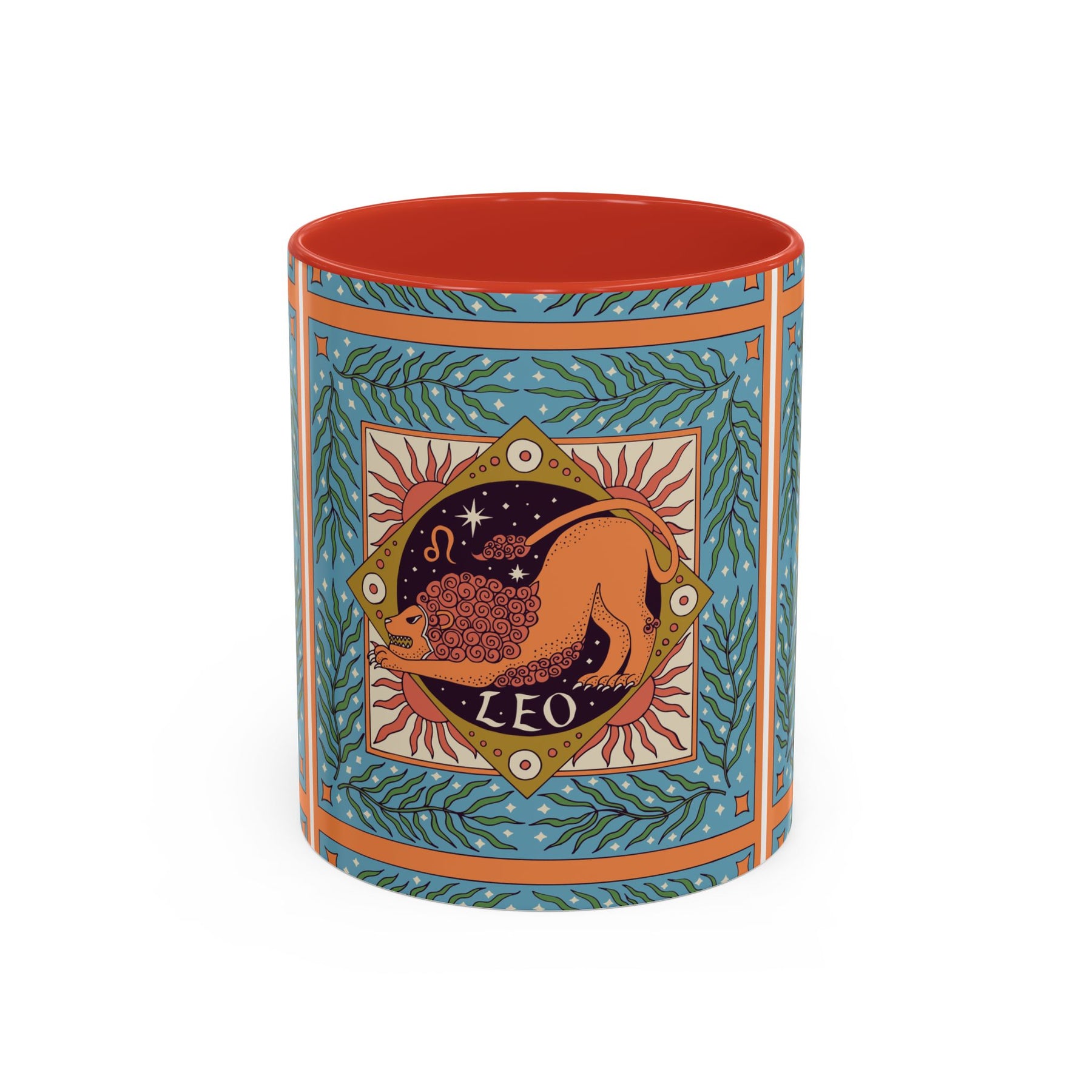 Vibrant Leo Zodiac Coffee Mug, Custom Ceramic 11oz & 15oz Colorful Design - Ira World Art LLC