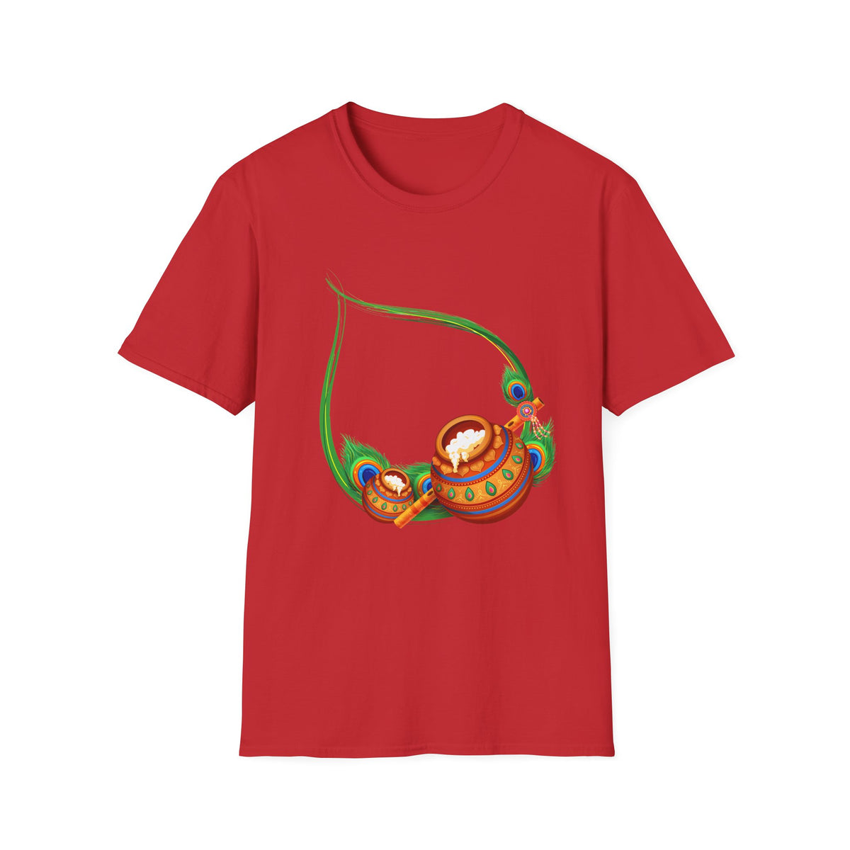 Krishna Flute and Pot Unisex Softstyle T-Shirt - Peacock Feather Design, Men's Women's Tee, Indian God Art Clothing, Yoga Apparel, Ethnic - Ira World Art LLC