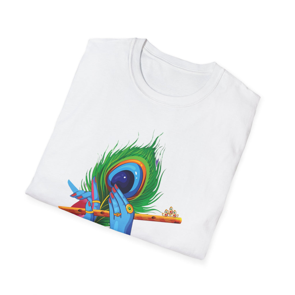 Krishan Hand with Flute and Feather Unisex Softstyle T-Shirt, Indian God Shirt, Spiritual Tee, Boho Clothing, Yoga Apparel - Ira World Art LLC