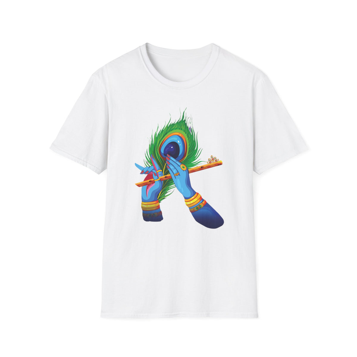 Krishan Hand with Flute and Feather Unisex Softstyle T-Shirt, Indian God Shirt, Spiritual Tee, Boho Clothing, Yoga Apparel - Ira World Art LLC