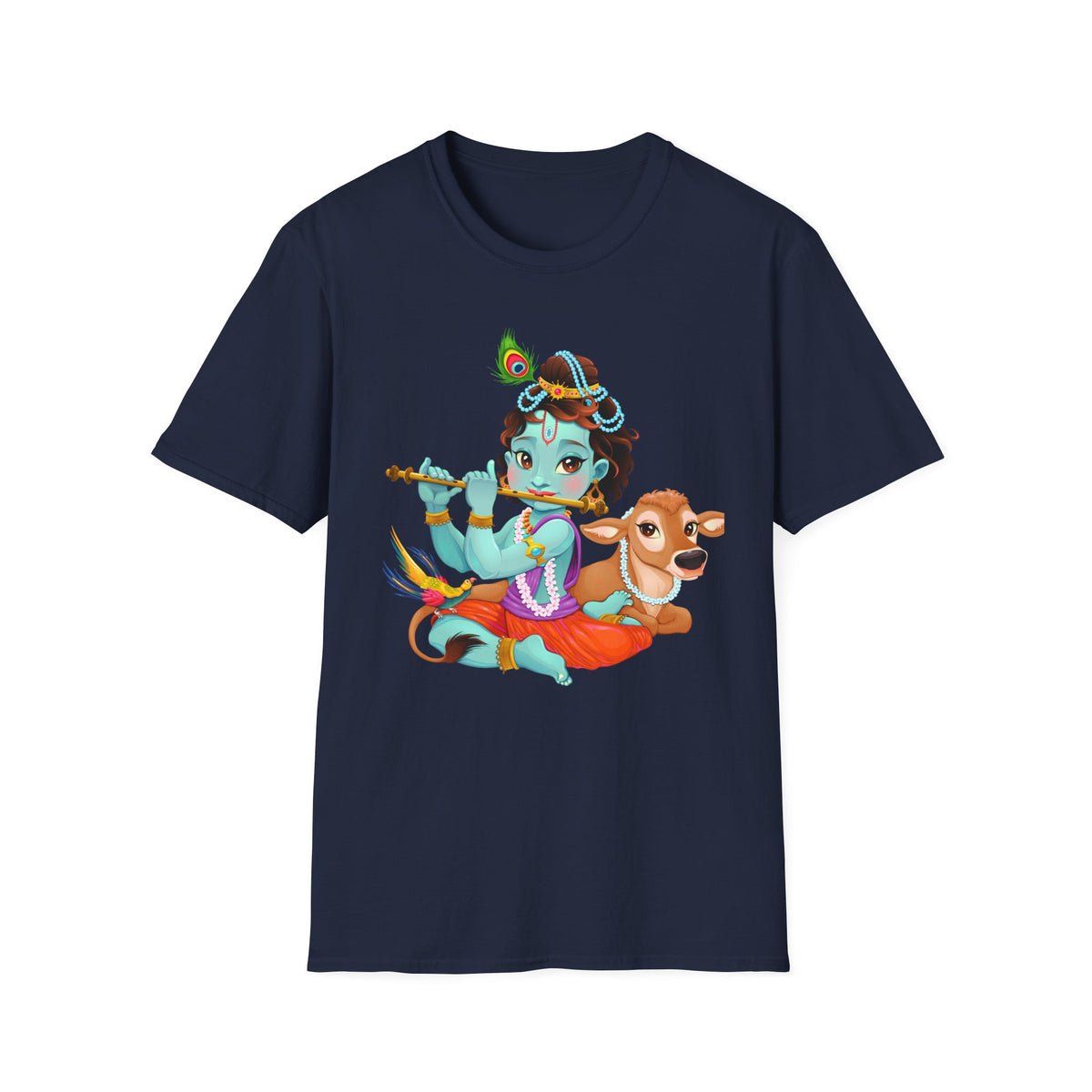 Krishna with Cow Unisex Softstyle T-Shirt, Hindu God Tee, Spiritual Apparel, Religious Graphic Shirt, Indian Mythology Top - Ira World Art LLC