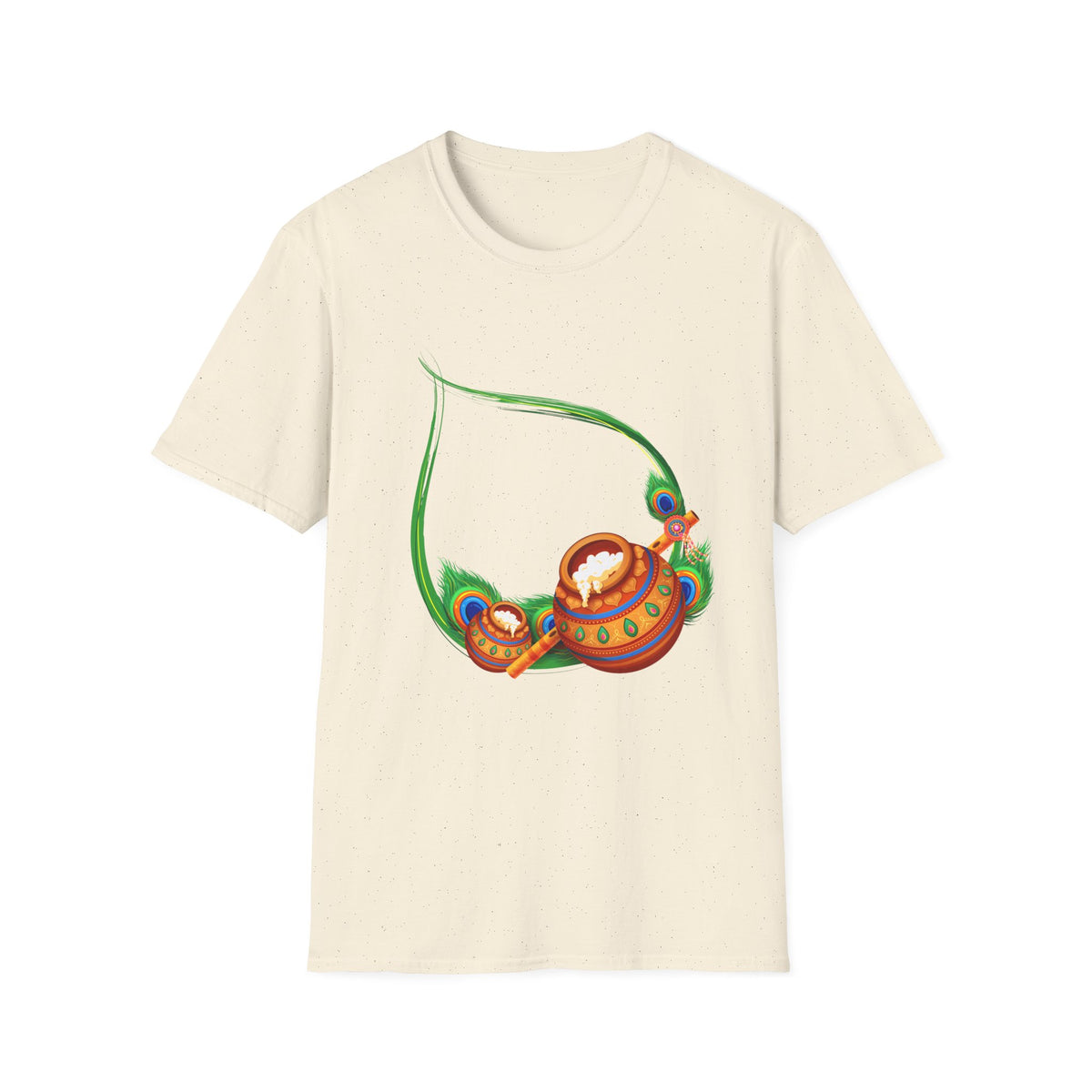Krishna Flute and Pot Unisex Softstyle T-Shirt - Peacock Feather Design, Men's Women's Tee, Indian God Art Clothing, Yoga Apparel, Ethnic - Ira World Art LLC