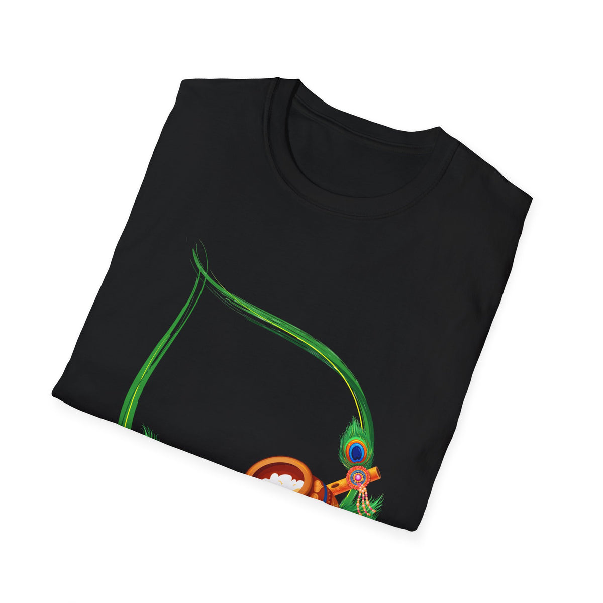 Krishna Flute and Pot Unisex Softstyle T-Shirt - Peacock Feather Design, Men's Women's Tee, Indian God Art Clothing, Yoga Apparel, Ethnic - Ira World Art LLC