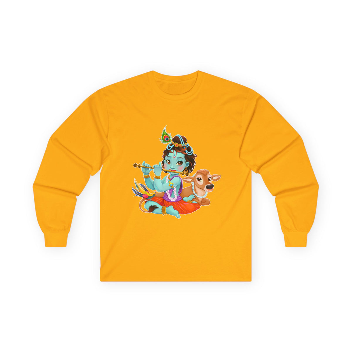 Krishna with Cow Full Sleeves Tshirt, Unisex Cotton Shirt, Long Sleeve Tee, Religious Gift, Hindu Deity Top, Cow Lover Apparel - Ira World Art LLC