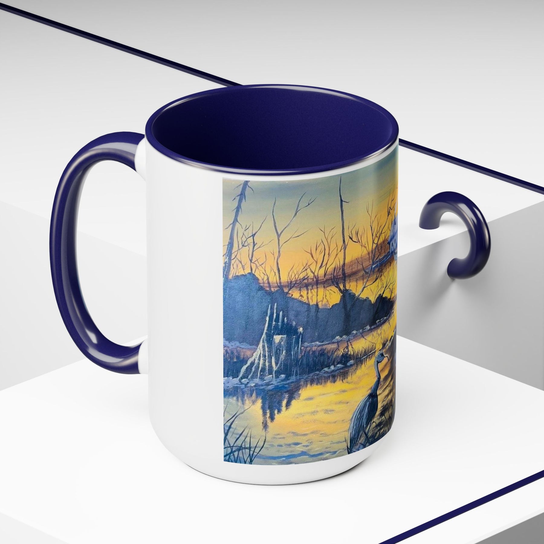 Unique 15oz Ceramic Coffee Mug with Two-Tone Colorful Design, Artistic Yoga Mug - Ira World Art LLC