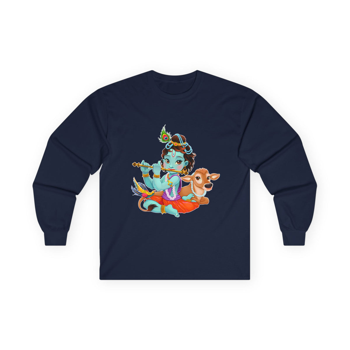 Krishna with Cow Full Sleeves Tshirt, Unisex Cotton Shirt, Long Sleeve Tee, Religious Gift, Hindu Deity Top, Cow Lover Apparel - Ira World Art LLC