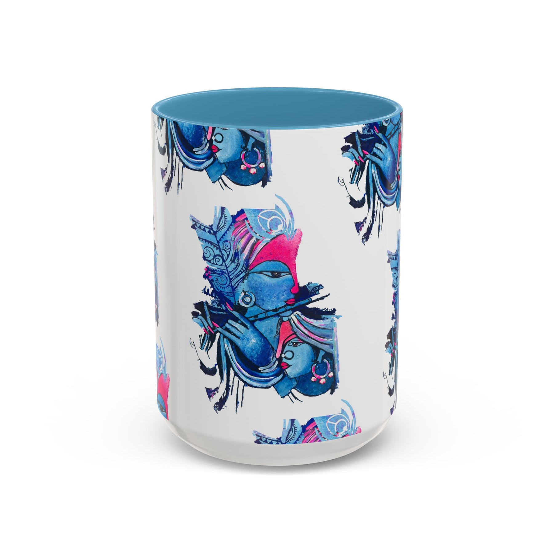 Vibrant Blue Ceramic Coffee Mug with Artistic Hindu Design, 11oz & 15oz - Ira World Art LLC