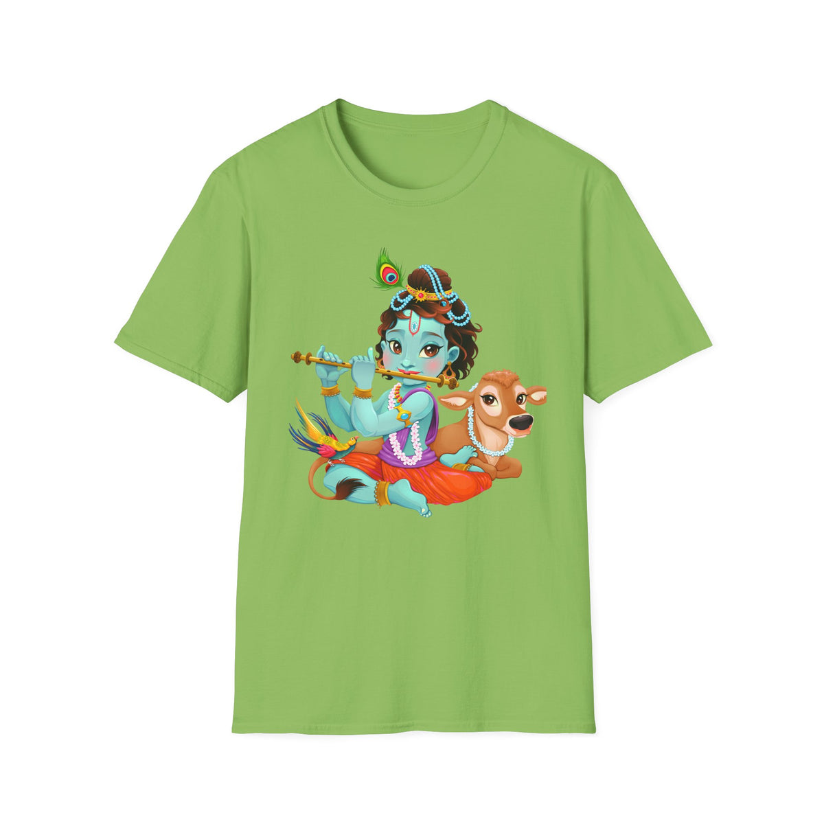 Krishna with Cow Unisex Softstyle T-Shirt, Hindu God Tee, Spiritual Apparel, Religious Graphic Shirt, Indian Mythology Top - Ira World Art LLC