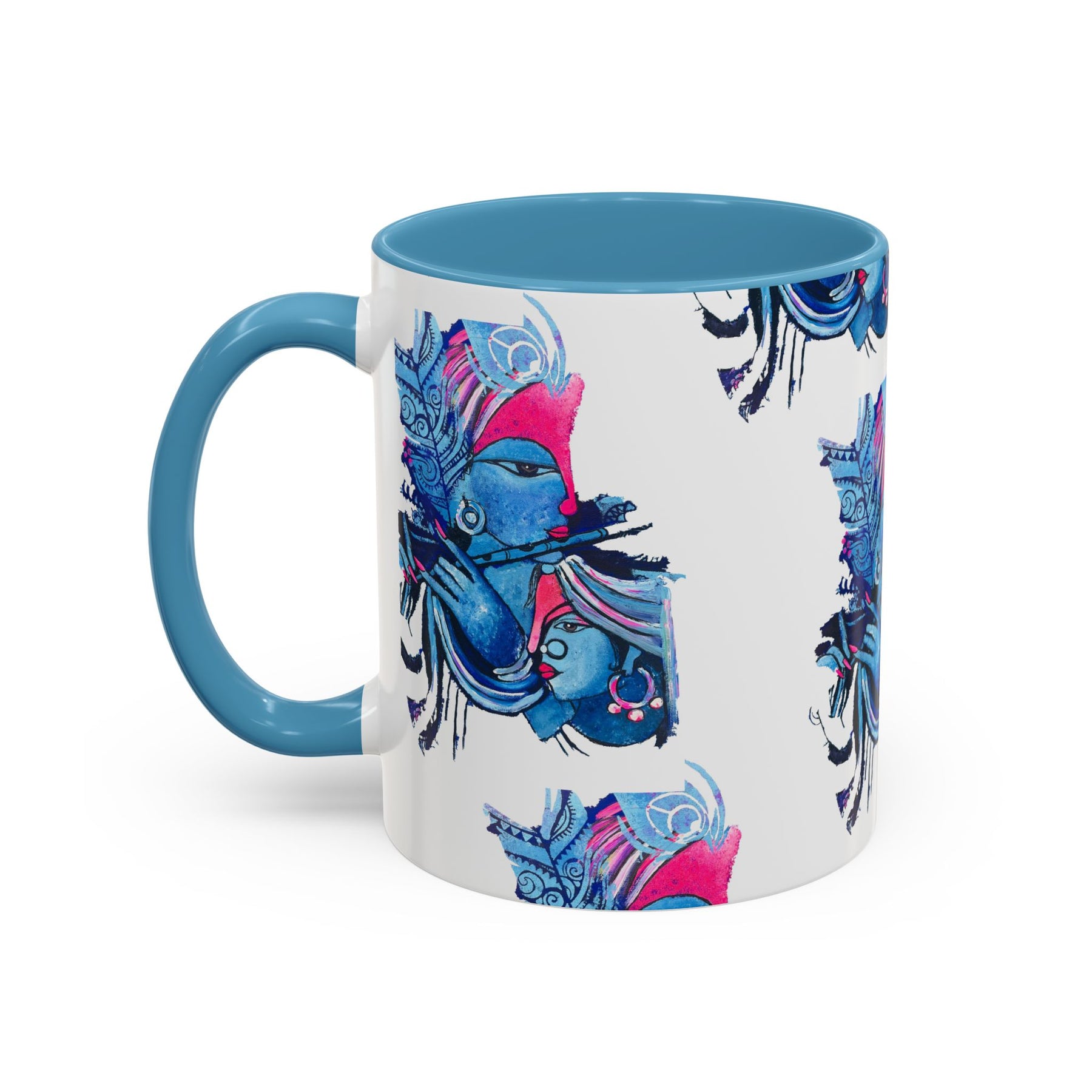 Vibrant Blue Ceramic Coffee Mug with Artistic Hindu Design, 11oz & 15oz - Ira World Art LLC