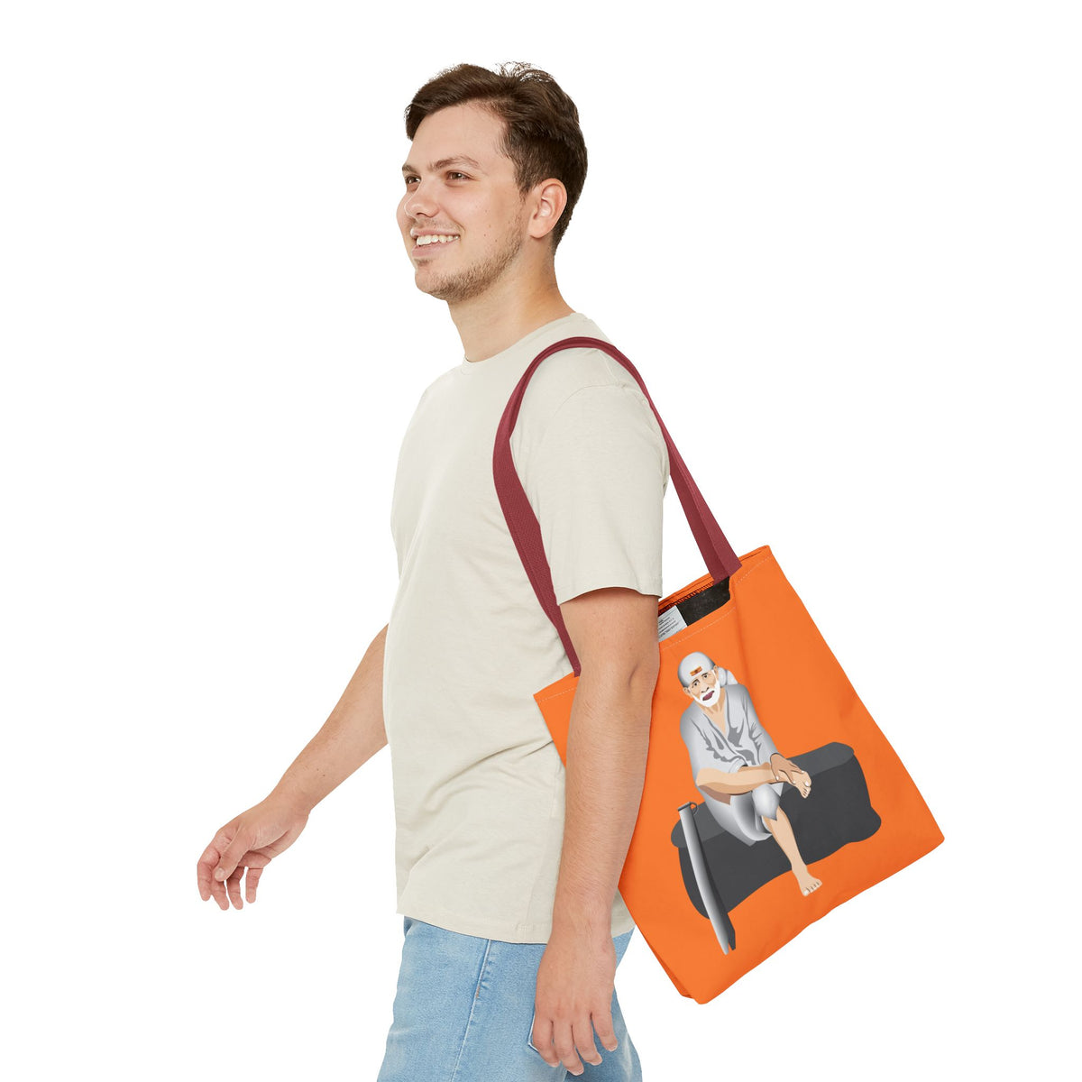 Sai Baba Tote Bag, Religious Shopper Bag, Guru Printed Carryall, Spiritual Shoulder Tote, Holy Canvas Handbag, Indian Deity Market Tote, - Ira World Art LLC