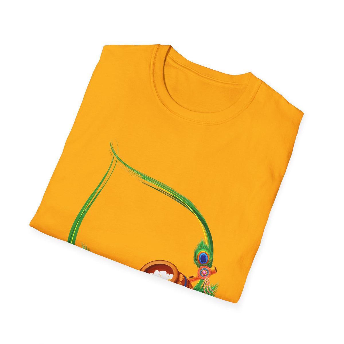 Krishna Flute and Pot Unisex Softstyle T-Shirt - Peacock Feather Design, Men's Women's Tee, Indian God Art Clothing, Yoga Apparel, Ethnic - Ira World Art LLC