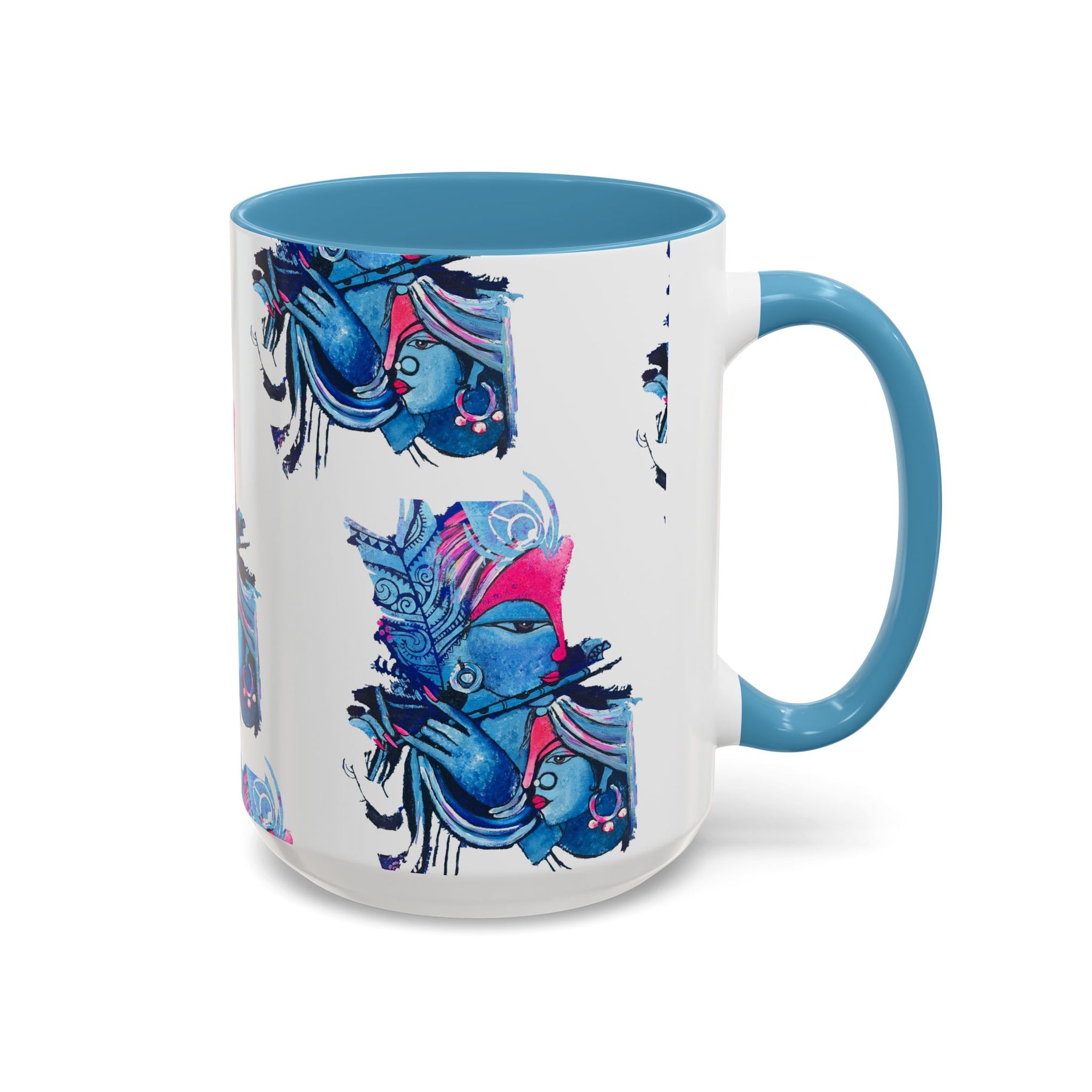 Vibrant Blue Ceramic Coffee Mug with Artistic Hindu Design, 11oz & 15oz - Ira World Art LLC