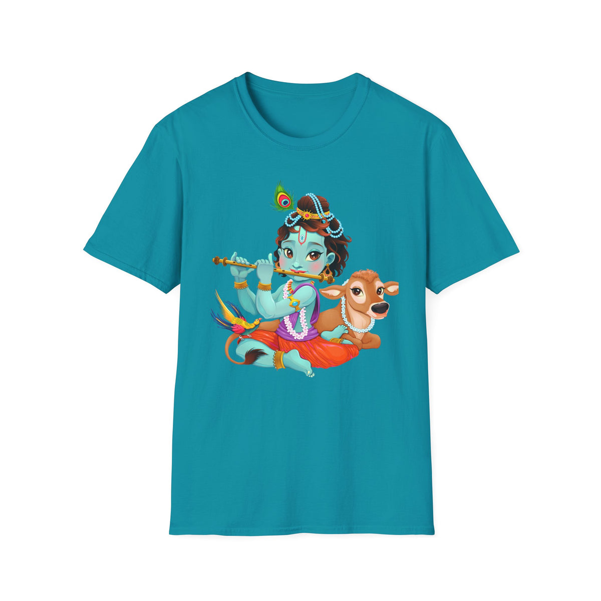 Krishna with Cow Unisex Softstyle T-Shirt, Hindu God Tee, Spiritual Apparel, Religious Graphic Shirt, Indian Mythology Top - Ira World Art LLC