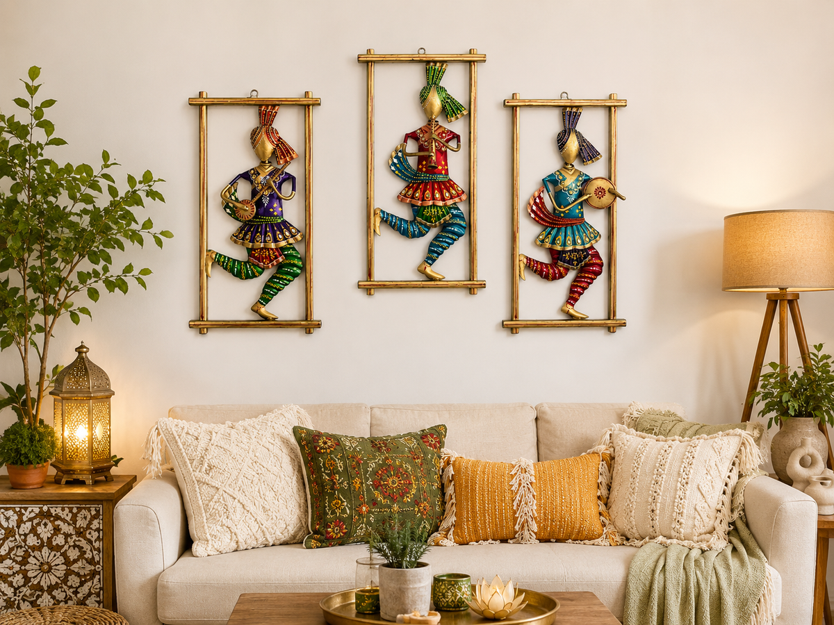 Handcrafted Indian Musician Wall Art Set of 3 | Ethnic Metal Wall Hanging | Colorful Traditional Home Decor - Ira World Art LLC