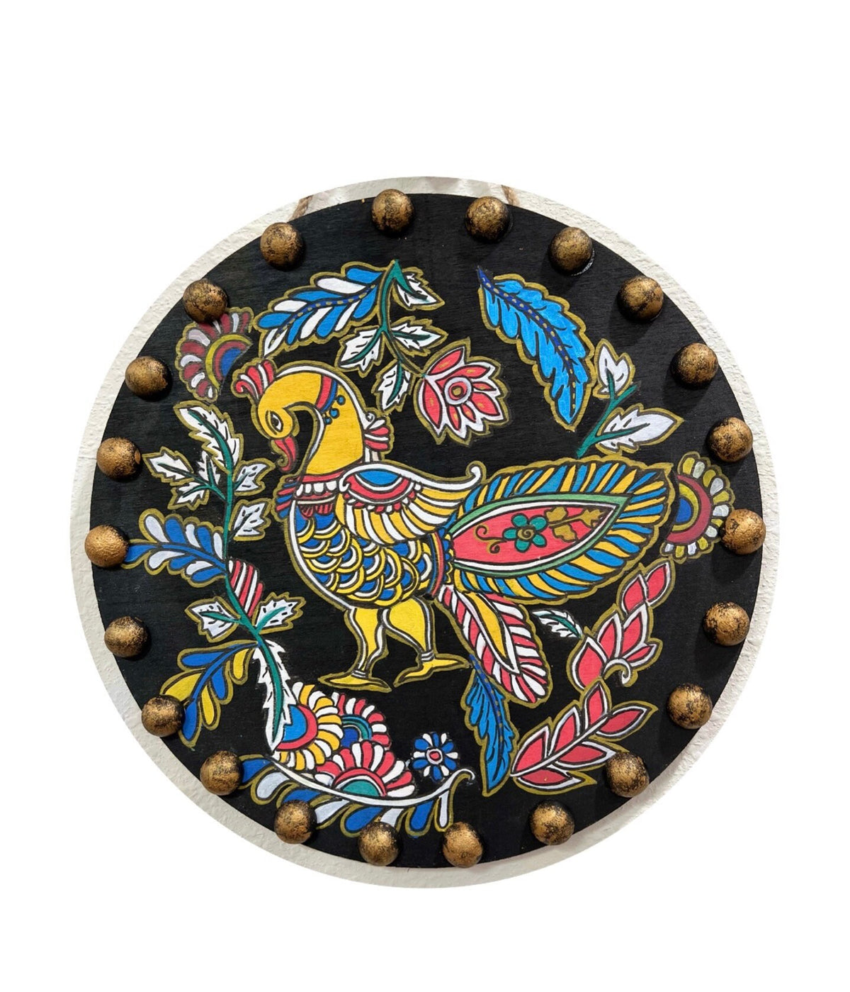 Ira World Art:Handmade Colorful Peacock Pichwai Art on Black  MDF Wood with Mirror Work - 12"x12" - Ira World Art LLC