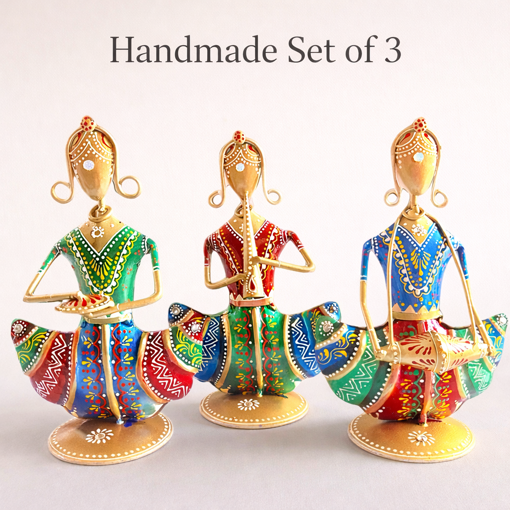 Handmade Indian Folk Dancer Figurines; Metal Multicolor Rajasthani Wall Hanging Sculpture Decor - Ira World Art LLC