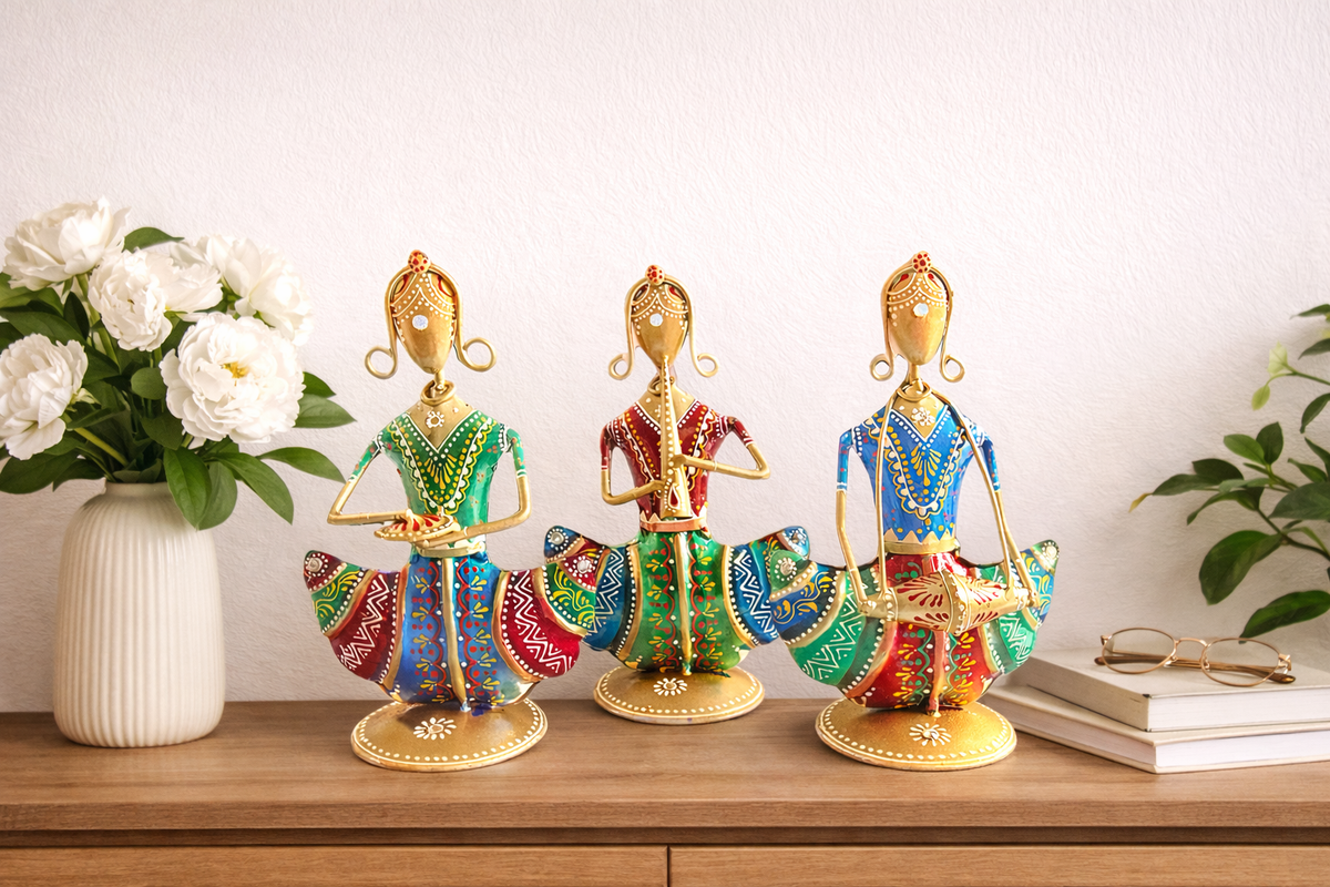 Handmade Indian Folk Dancer Figurines; Metal Multicolor Rajasthani Wall Hanging Sculpture Decor - Ira World Art LLC