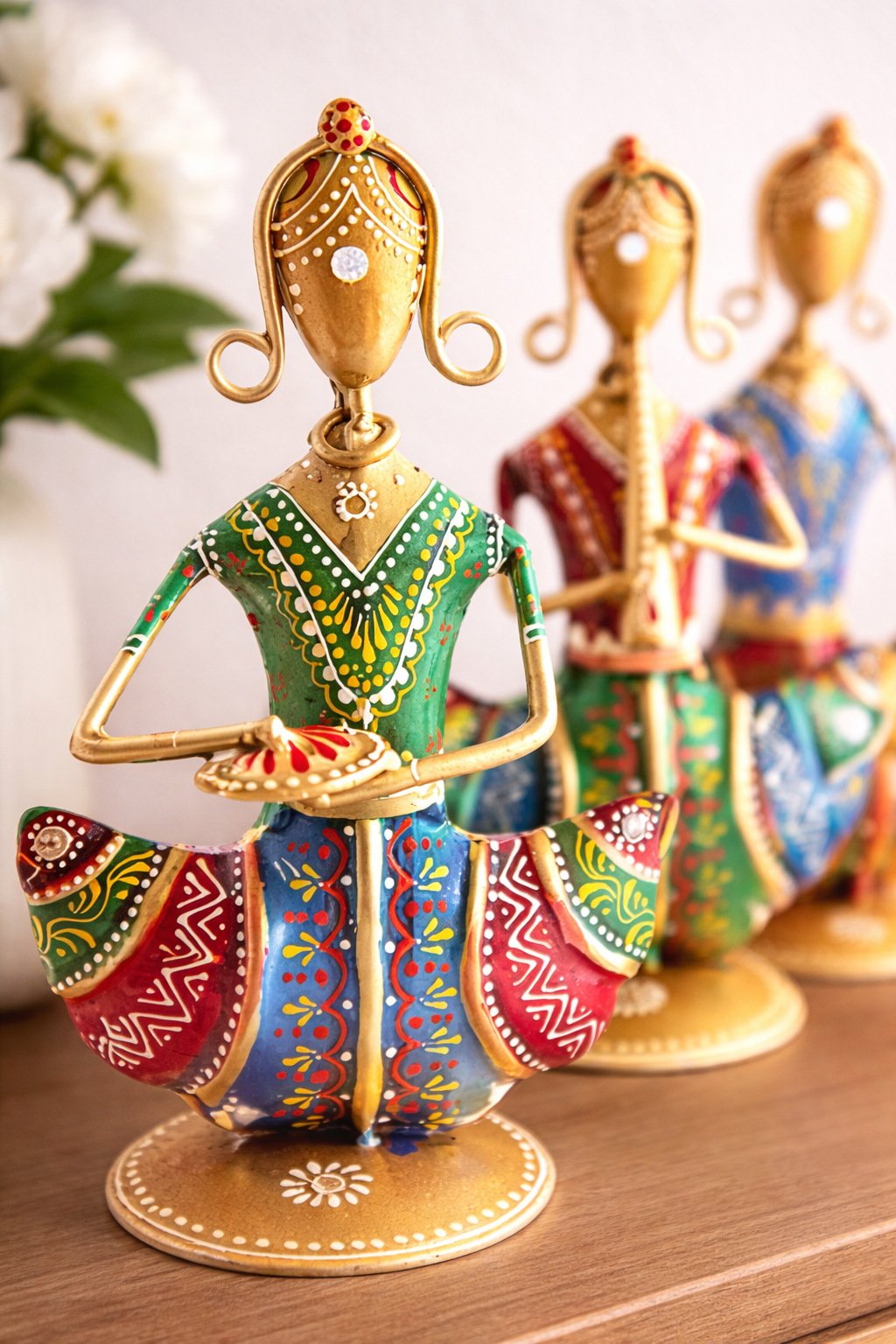 Handmade Indian Folk Dancer Figurines; Metal Multicolor Rajasthani Wall Hanging Sculpture Decor - Ira World Art LLC