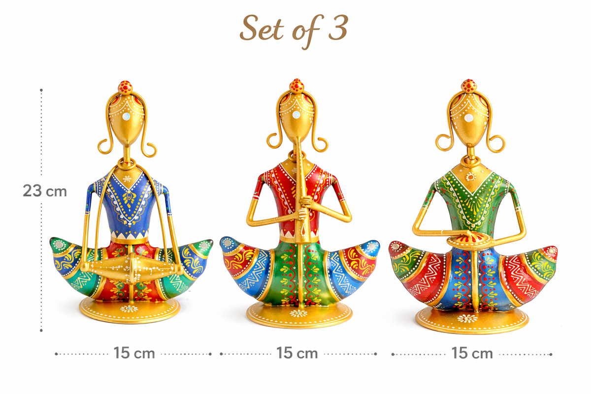 Handmade Indian Folk Dancer Figurines; Metal Multicolor Rajasthani Wall Hanging Sculpture Decor - Ira World Art LLC