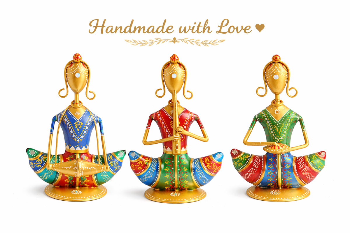 Handmade Indian Folk Dancer Figurines; Metal Multicolor Rajasthani Wall Hanging Sculpture Decor - Ira World Art LLC