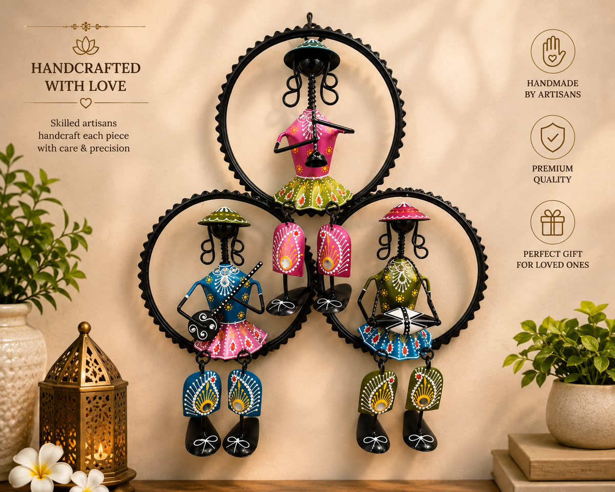 Handmade Indian Tribal Musicians Metal Wall Decor | Folk Art Wall Hanging | Boho Living Room Decor | 15 x 13 Inches - Ira World Art LLC